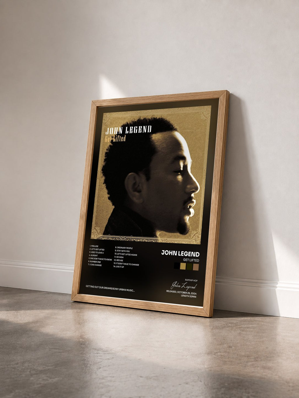 #bois Tableau de l'album Get Lifted de John Legend vu de trois quarts, cadre en bois brut