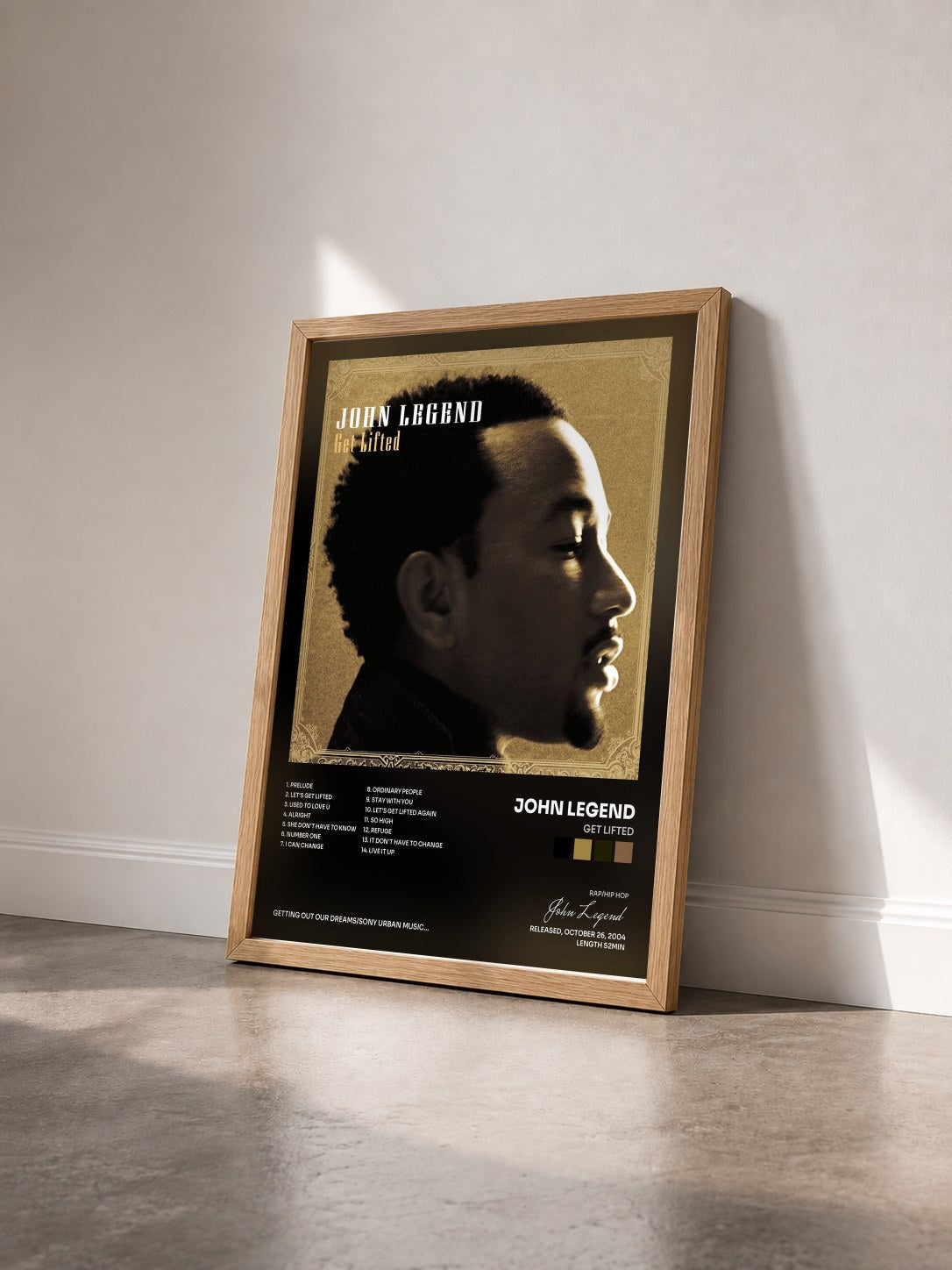 #bois Tableau de l'album Get Lifted de John Legend vu de trois quarts, cadre en bois brut
