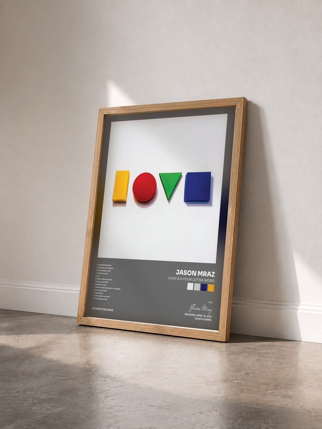#bois Tableau de l'album Love Is a Four Letter Word de Jason Mraz vu de trois quarts, cadre en bois brut