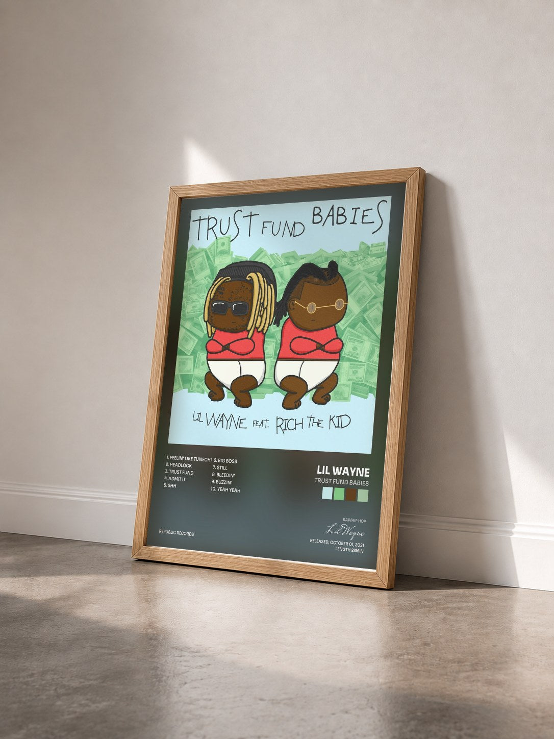 #bois Tableau de l'album Trust Fund Babies de Lil Wayne vu de trois quarts, cadre en bois brut