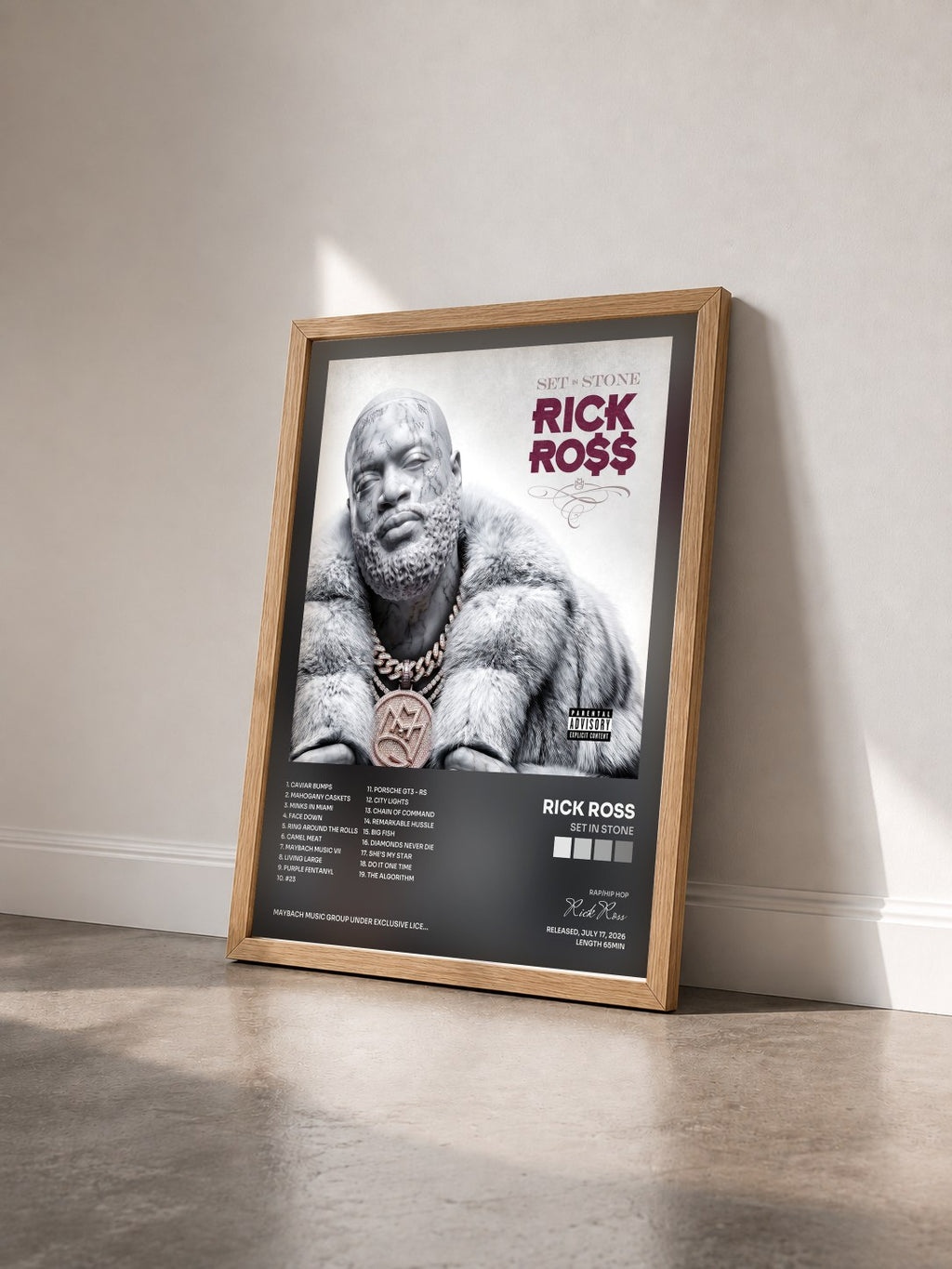 #bois Tableau de l'album Set In Stone de Rick Ross vu de trois quarts, cadre en bois brut