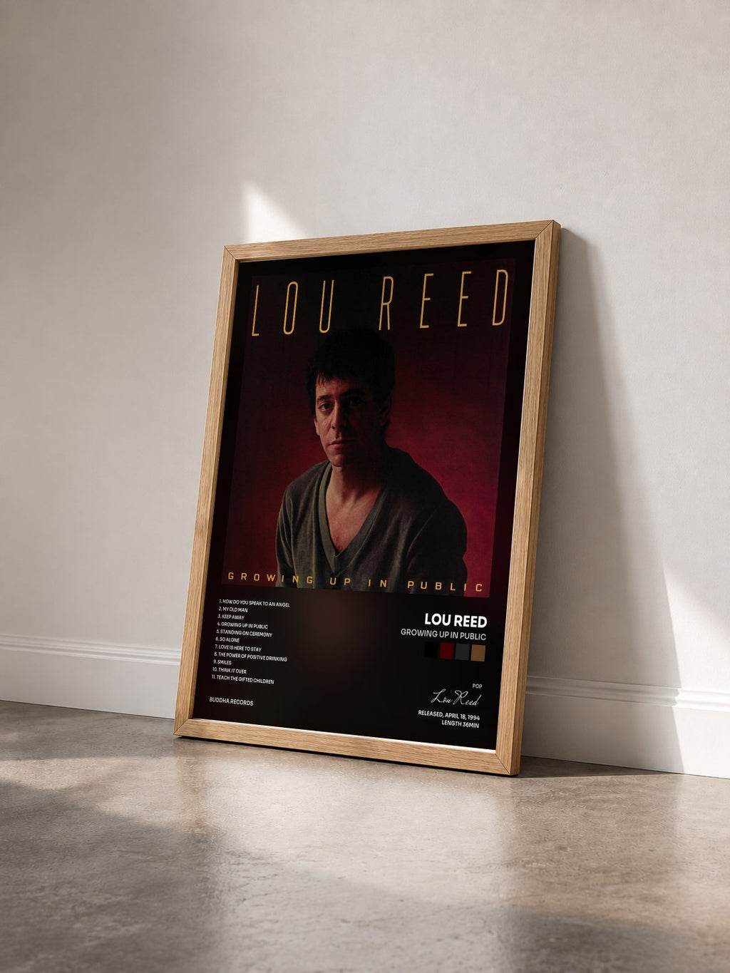 #bois Tableau de l'album Growing Up In Public de Lou Reed vu de trois quarts, cadre en bois brut