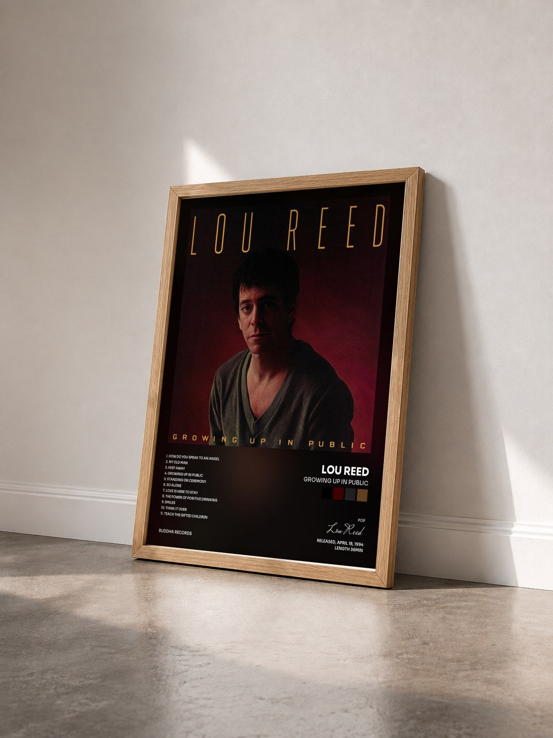 #bois Tableau de l'album Growing Up In Public de Lou Reed vu de trois quarts, cadre en bois brut
