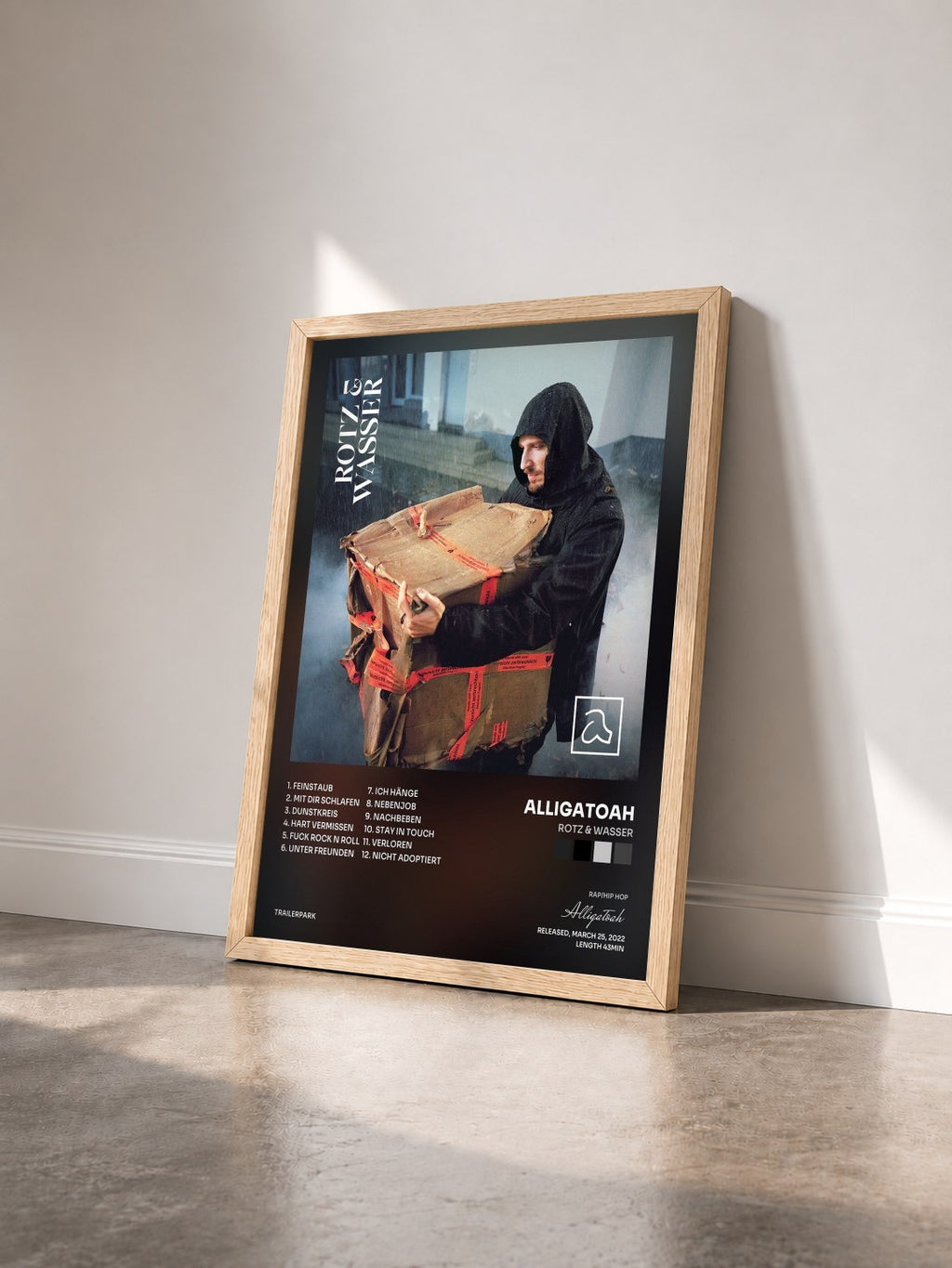 #bois Tableau de l'album Rotz & Wasser de Alligatoah vu de trois quarts, cadre en bois brut