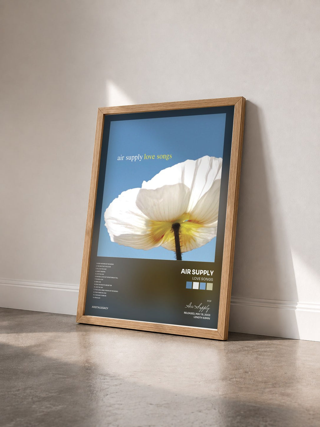 #bois Tableau de l'album Love Songs de Air Supply vu de trois quarts, cadre en bois brut
