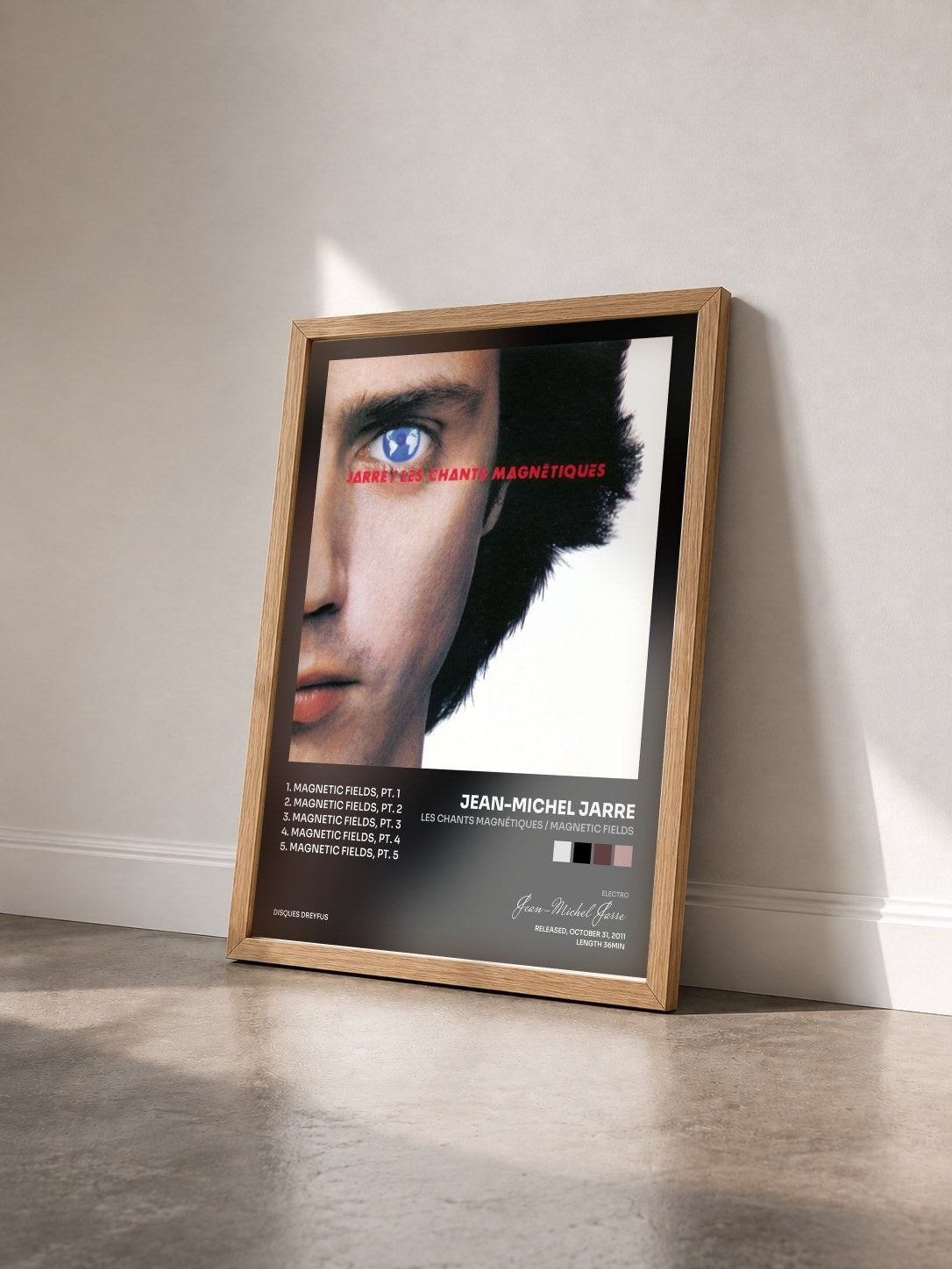 #bois Tableau de l'album Les chants magnétiques / Magnetic Fields de Jean-Michel Jarre vu de trois quarts, cadre en bois brut