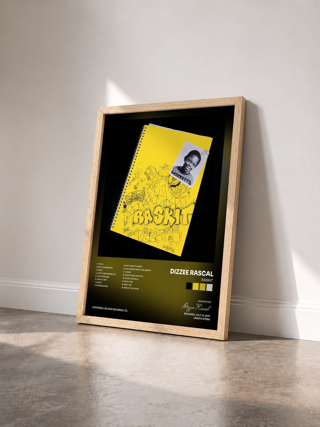 #bois Tableau de l'album Raskit de Dizzee Rascal vu de trois quarts, cadre en bois brut