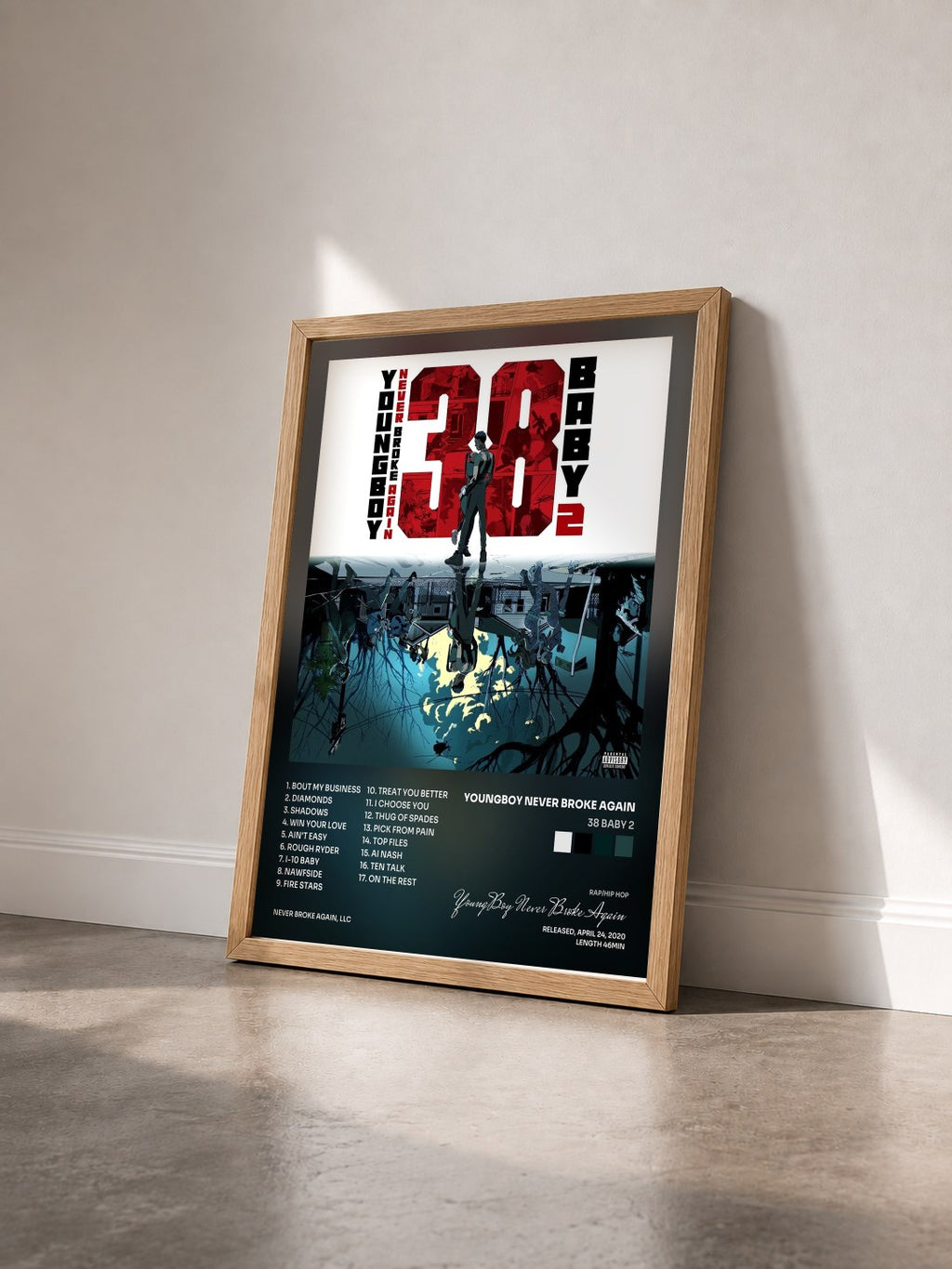 #bois Tableau de l'album 38 Baby 2 de YoungBoy Never Broke Again vu de trois quarts, cadre en bois brut