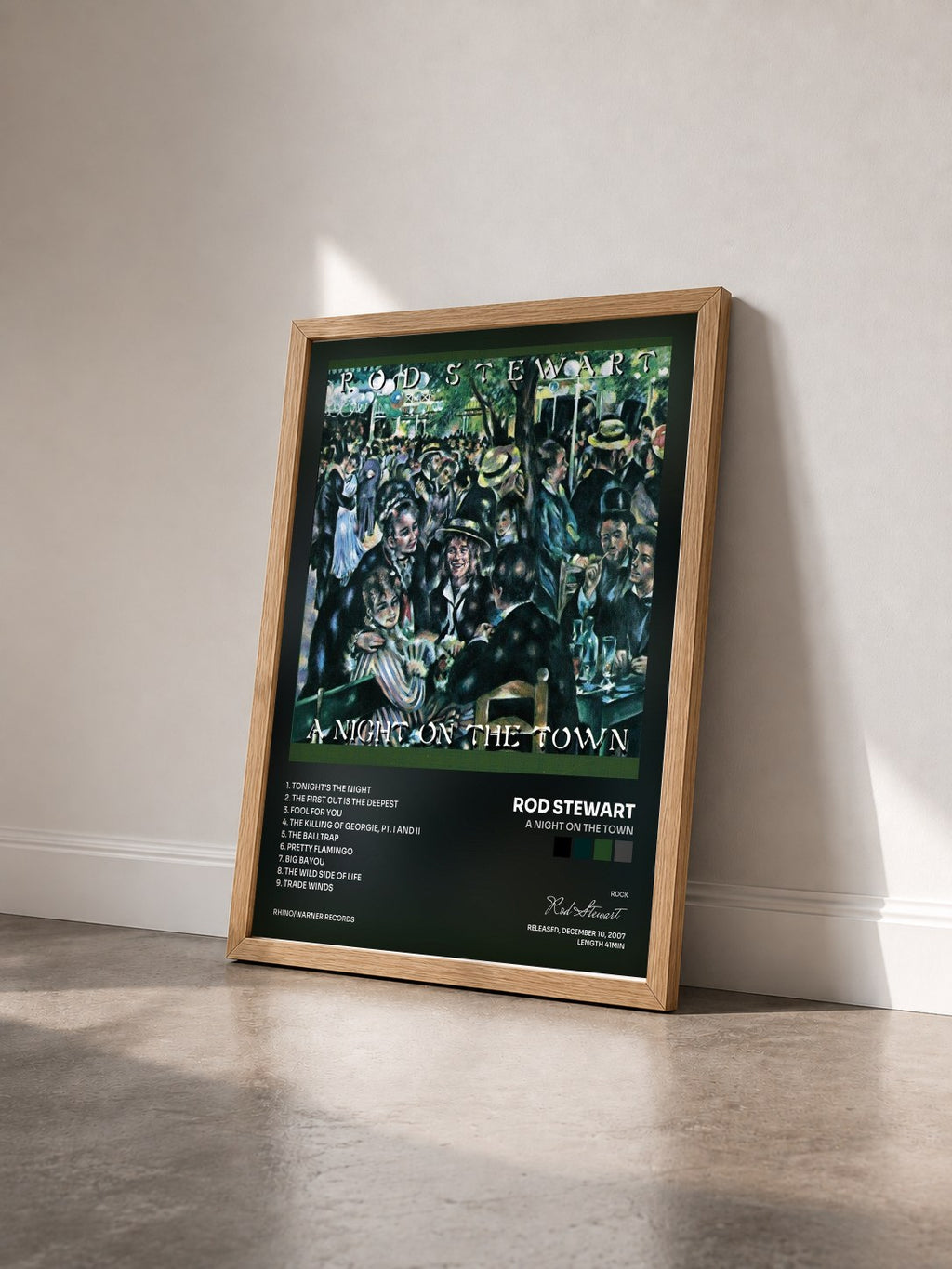 #bois Tableau de l'album A Night on the Town de Rod Stewart vu de trois quarts, cadre en bois brut
