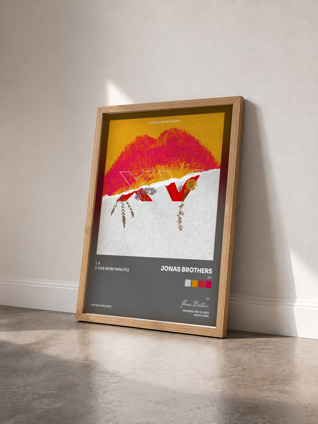 #bois Tableau de l'album XV de Jonas Brothers vu de trois quarts, cadre en bois brut