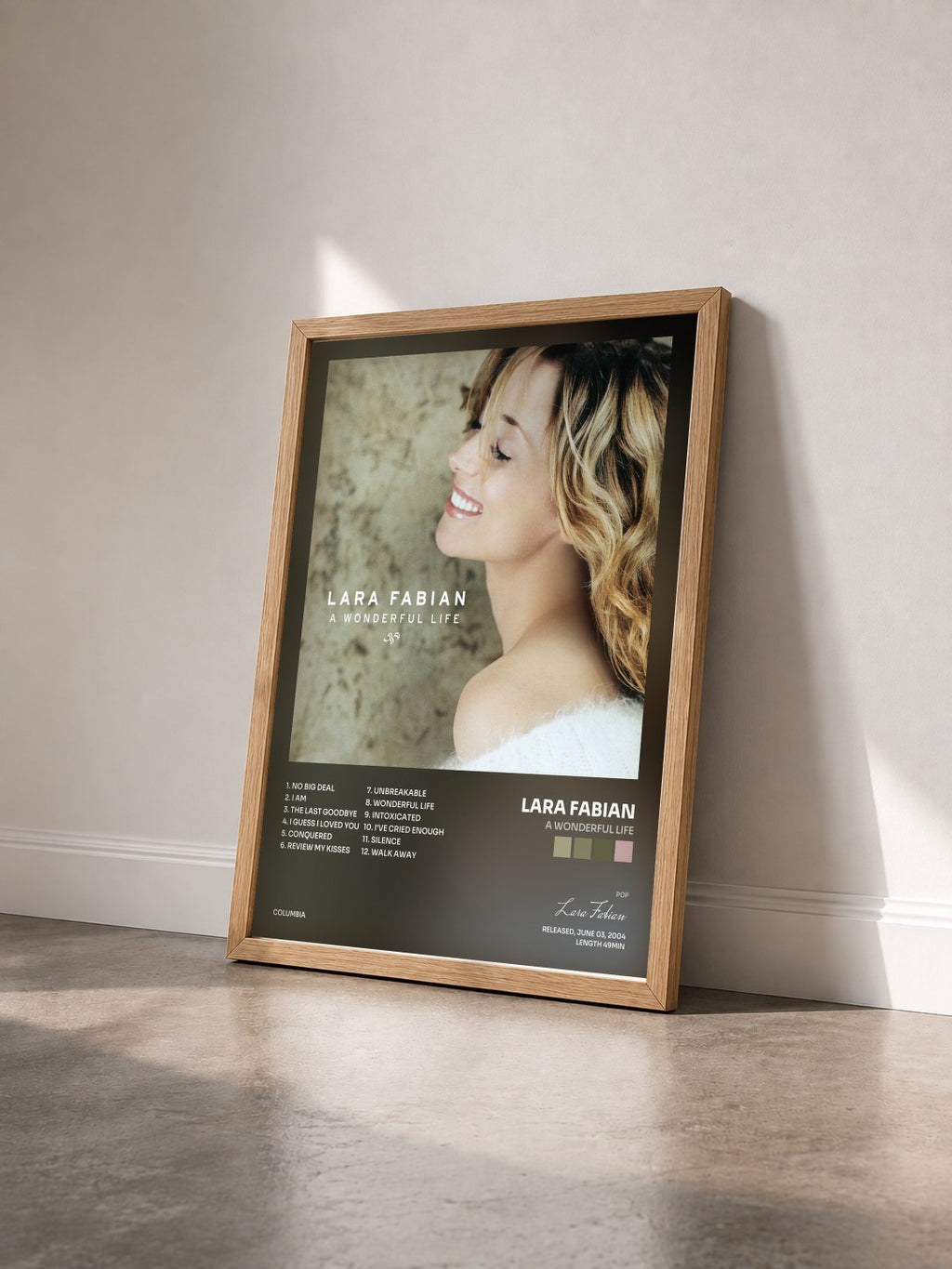 #bois Tableau de l'album A Wonderful Life de Lara Fabian vu de trois quarts, cadre en bois brut