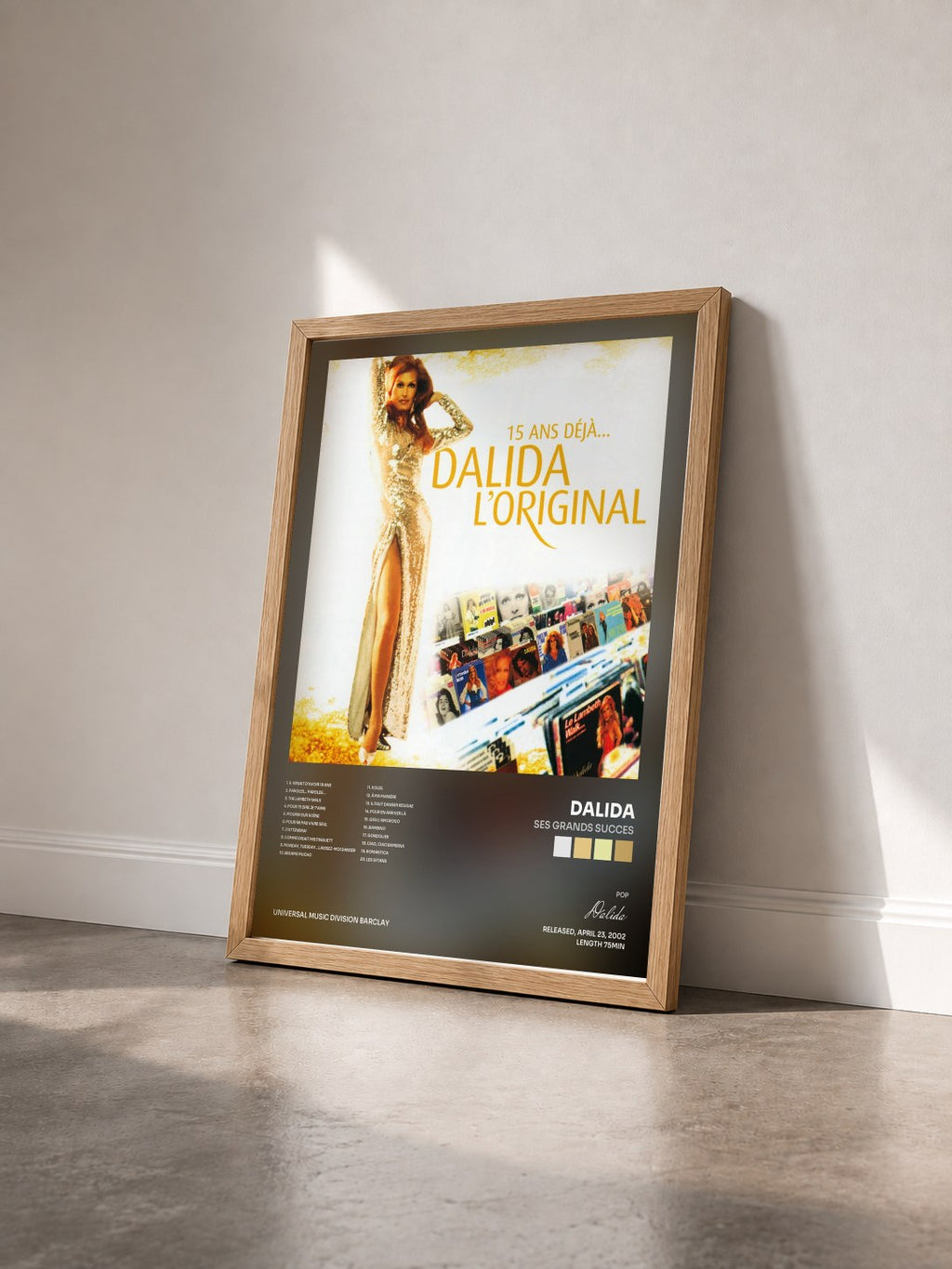 #bois Tableau de l'album Ses Grands Succes de Dalida vu de trois quarts, cadre en bois brut