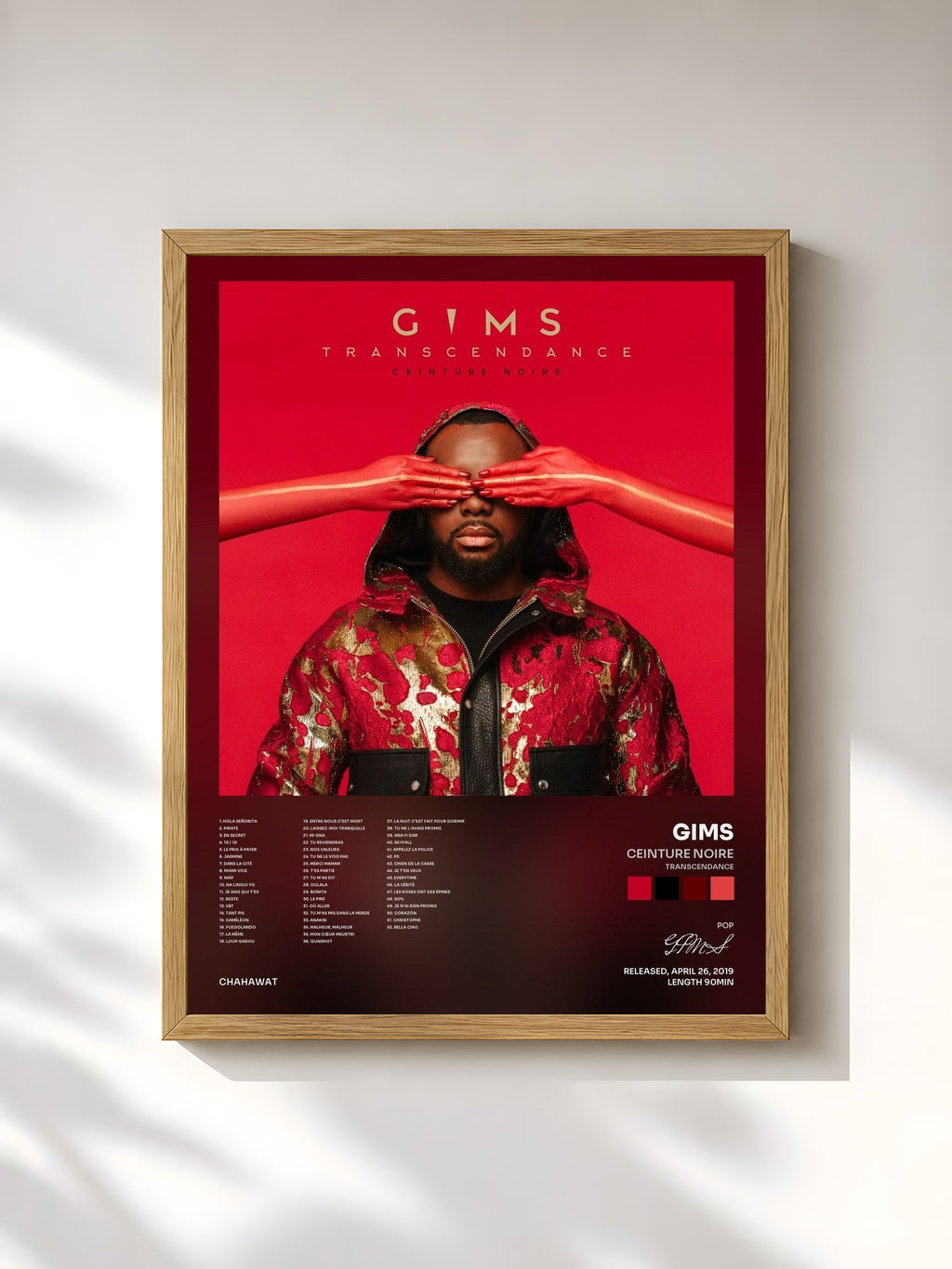 #bois Tableau de l'album Ceinture noire (Transcendance) de GIMS, cadre en bois brut, imprimé et encadré en France