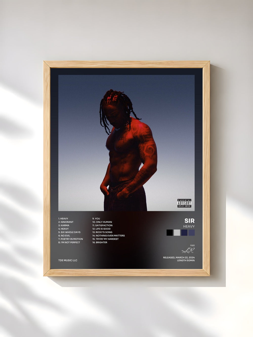 #bois Tableau de l'album HEAVY de SiR, cadre en bois brut, imprimé et encadré en France