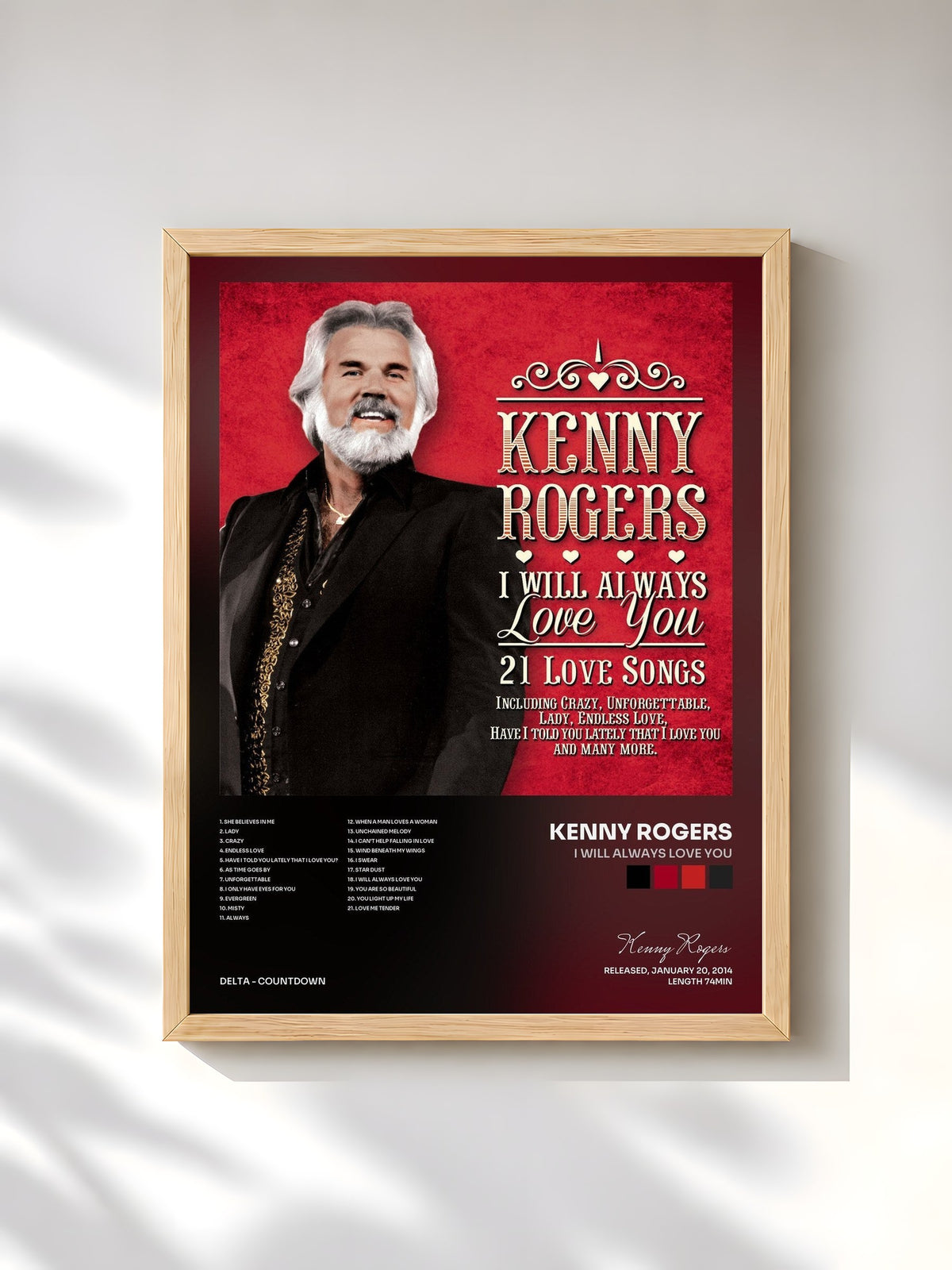 #bois Tableau de l'album I Will Always Love You de Kenny Rogers, cadre en bois brut, imprimé et encadré en France
