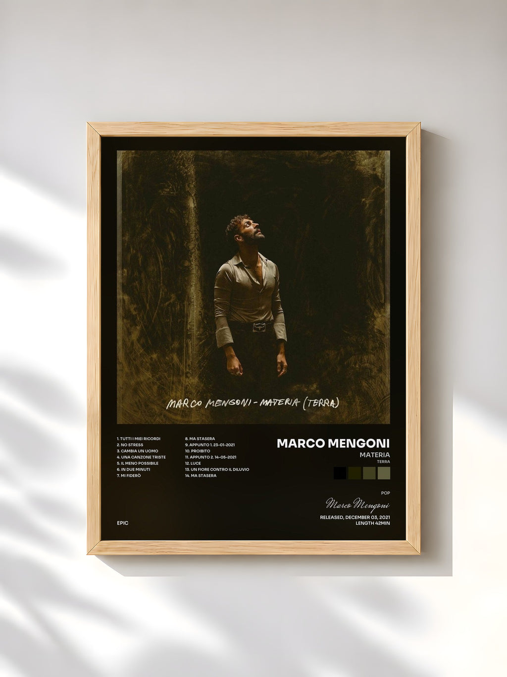#bois Tableau de l'album MATERIA (TERRA) de Marco Mengoni, cadre en bois brut, imprimé et encadré en France