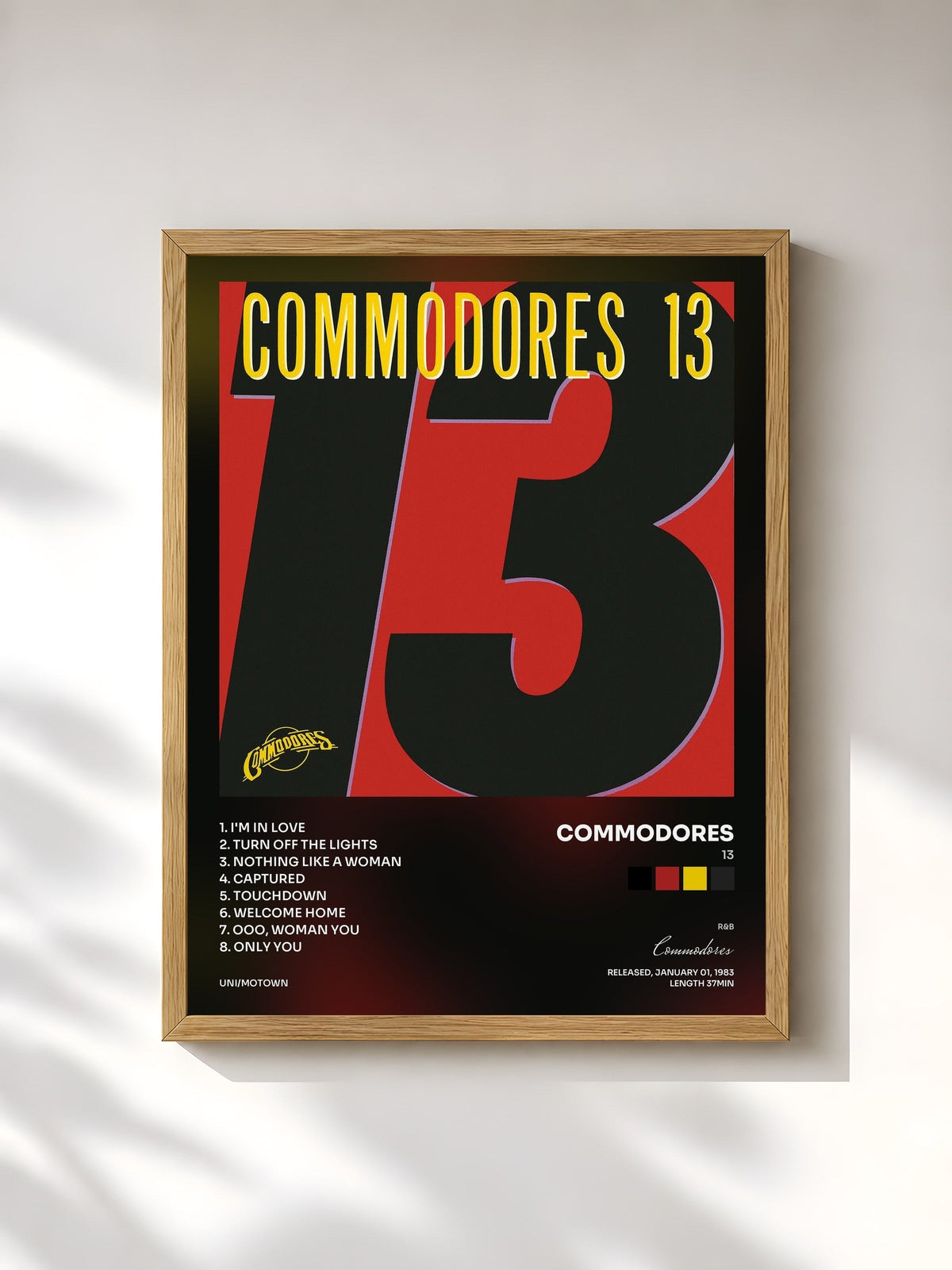 #bois Tableau de l'album 13 de Commodores, cadre en bois brut, imprimé et encadré en France