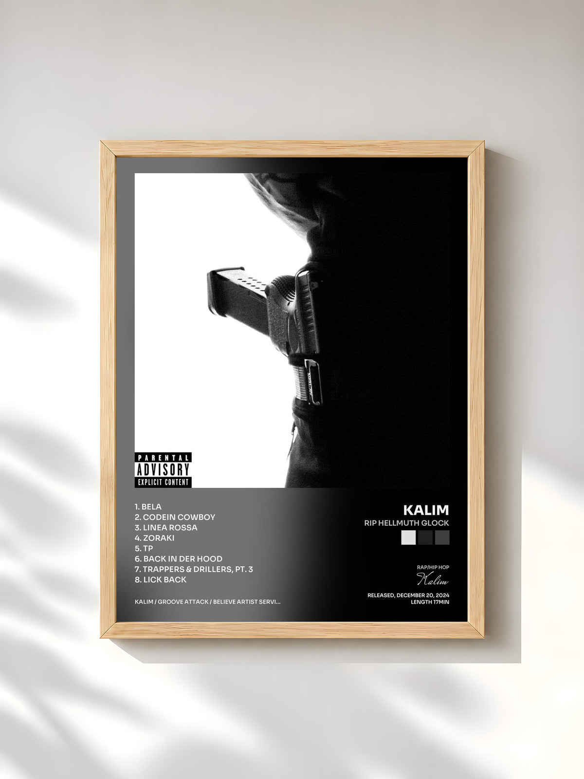 #bois Tableau de l'album RIP HELLMUTH GLOCK de Kalim, cadre en bois brut, imprimé et encadré en France