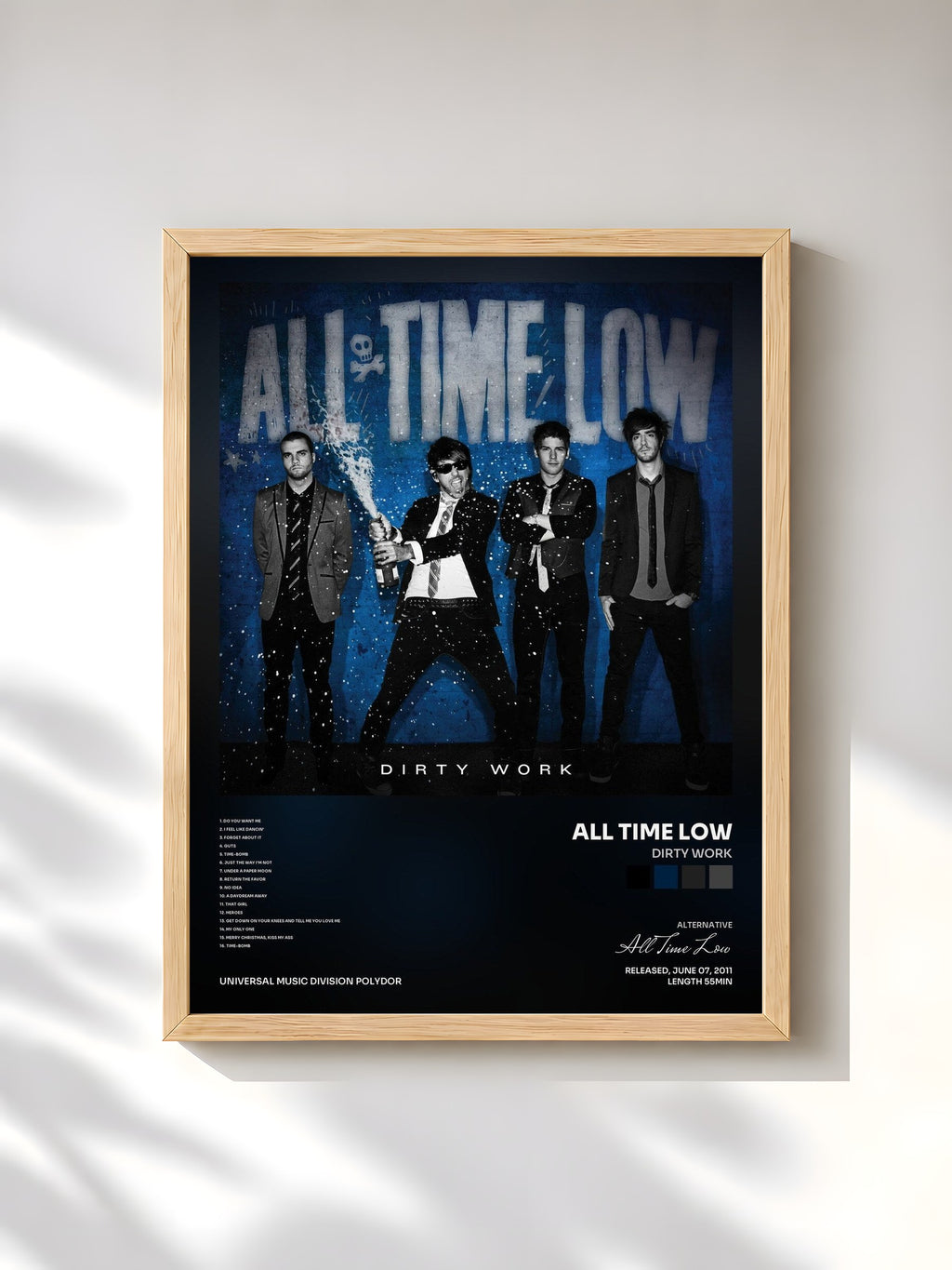 #bois Tableau de l'album Dirty Work de All Time Low, cadre en bois brut, imprimé et encadré en France