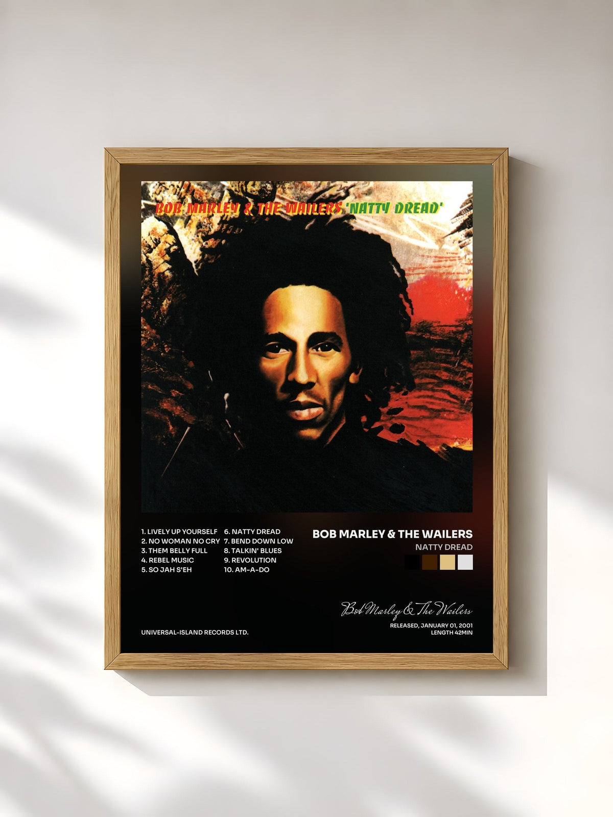 #bois Tableau de l'album Natty Dread de Bob Marley & The Wailers, cadre en bois brut, imprimé et encadré en France