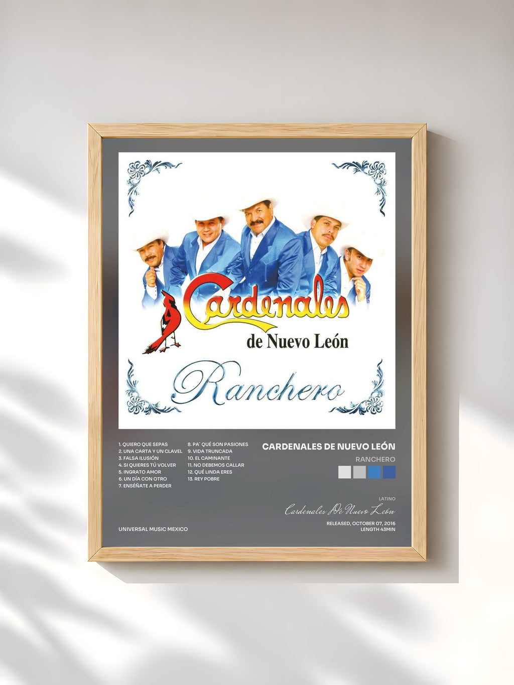 #bois Tableau de l'album Ranchero de Cardenales De Nuevo León, cadre en bois brut, imprimé et encadré en France