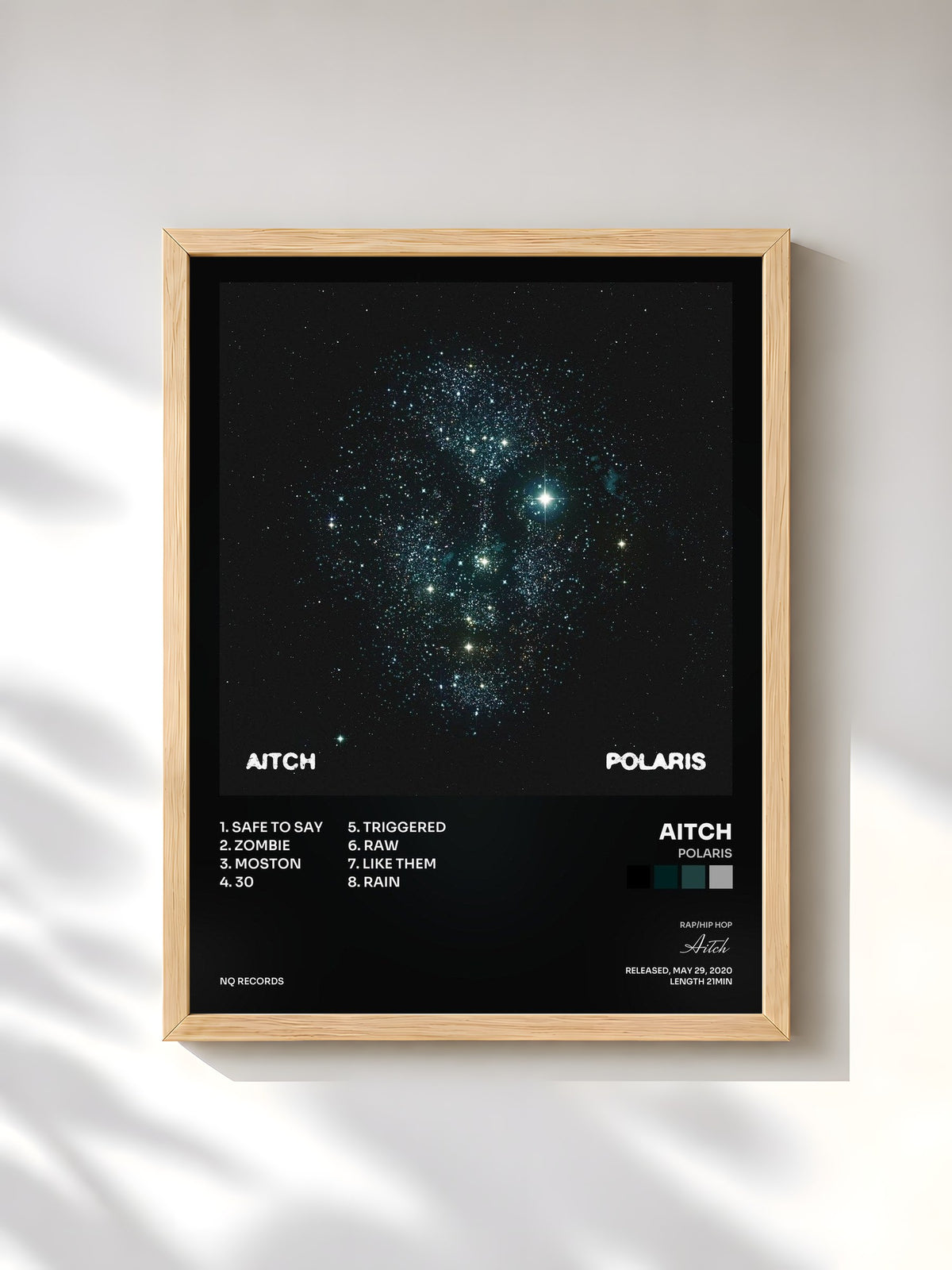 #bois Tableau de l'album Polaris de Aitch, cadre en bois brut, imprimé et encadré en France