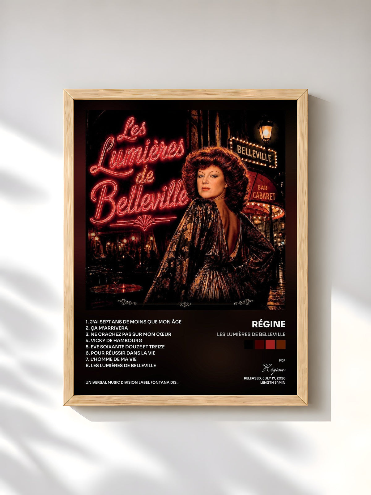 #bois Tableau de l'album Les lumières de Belleville de Régine, cadre en bois brut, imprimé et encadré en France