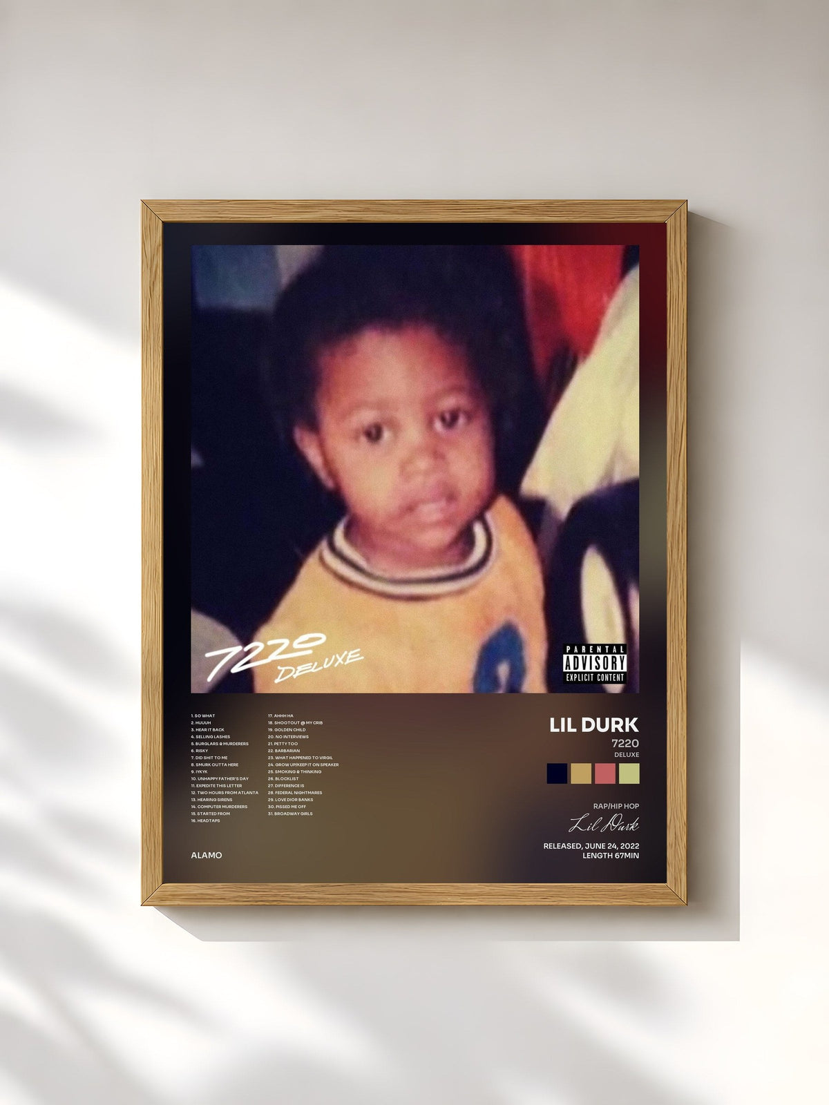 #bois Tableau de l'album 7220 (Deluxe) de Lil Durk, cadre en bois brut, imprimé et encadré en France
