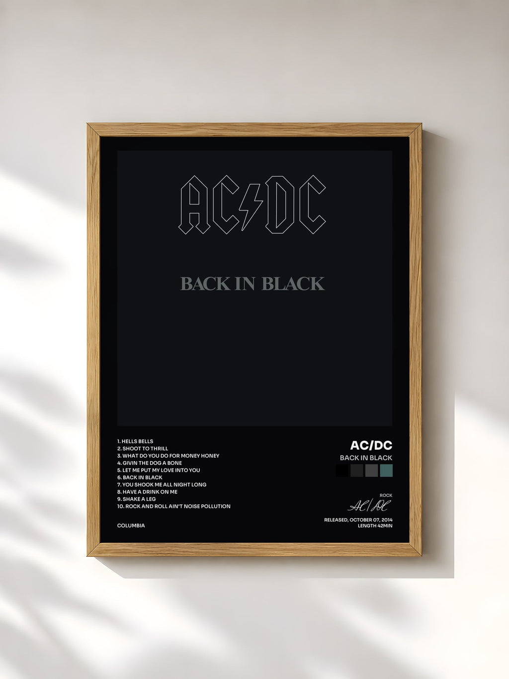 #bois Tableau de l'album Back In Black de AC/DC, cadre en bois brut, imprimé et encadré en France