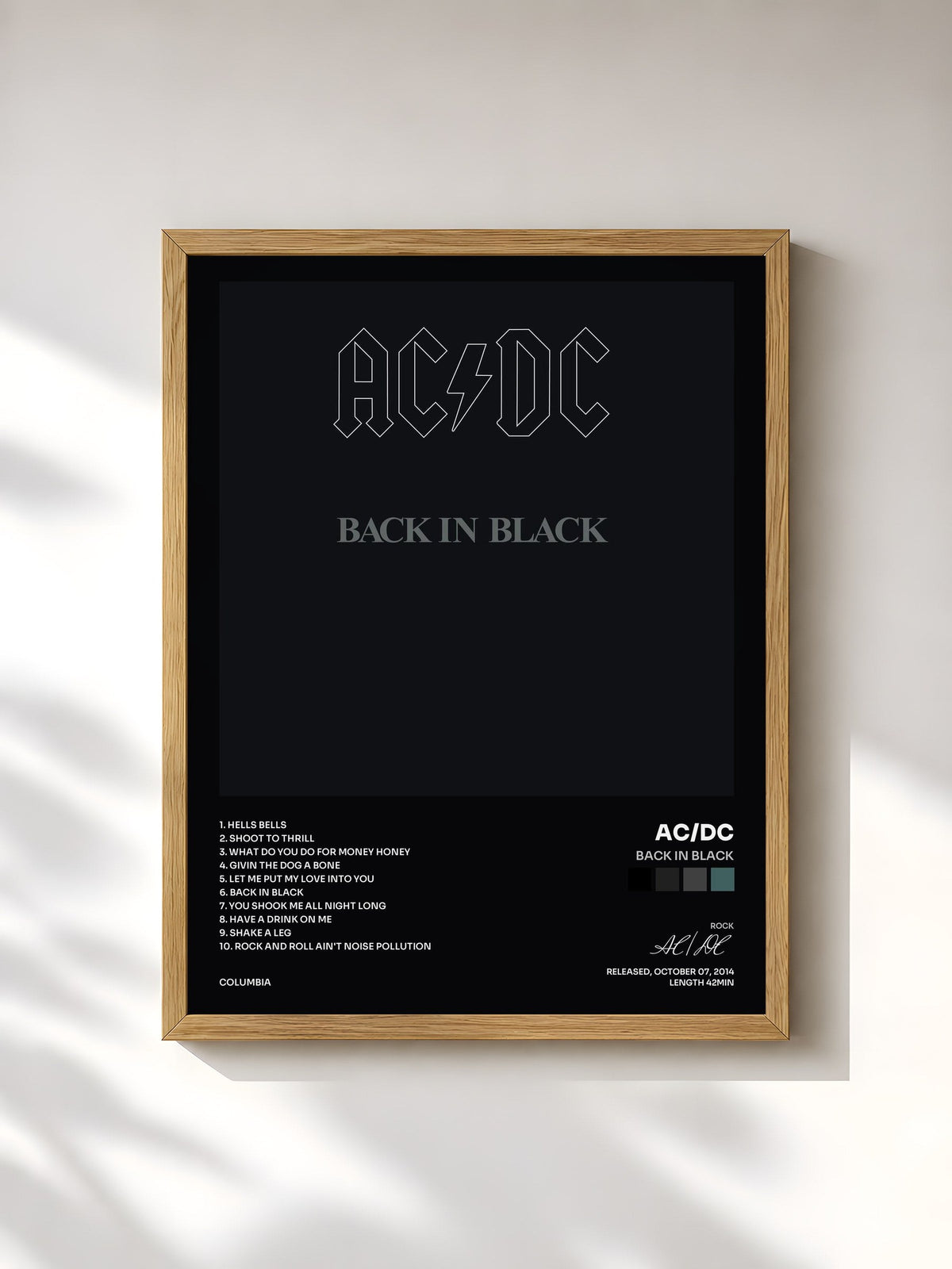 #bois Tableau de l'album Back In Black de AC/DC, cadre en bois brut, imprimé et encadré en France