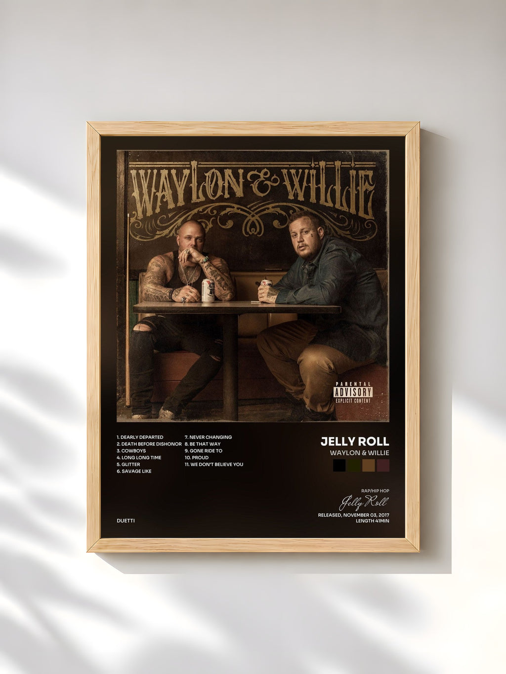 #bois Tableau de l'album Waylon & Willie de Jelly Roll, cadre en bois brut, imprimé et encadré en France