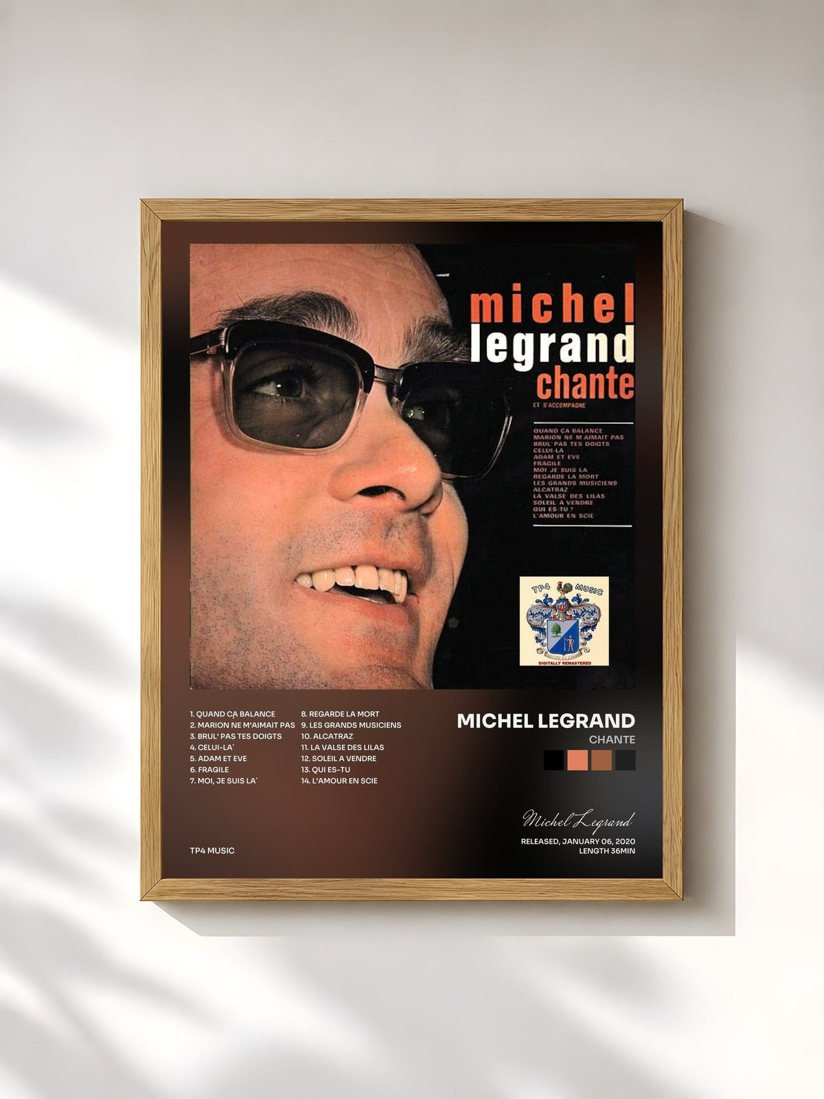 #bois Tableau de l'album Chante de Michel Legrand, cadre en bois brut, imprimé et encadré en France