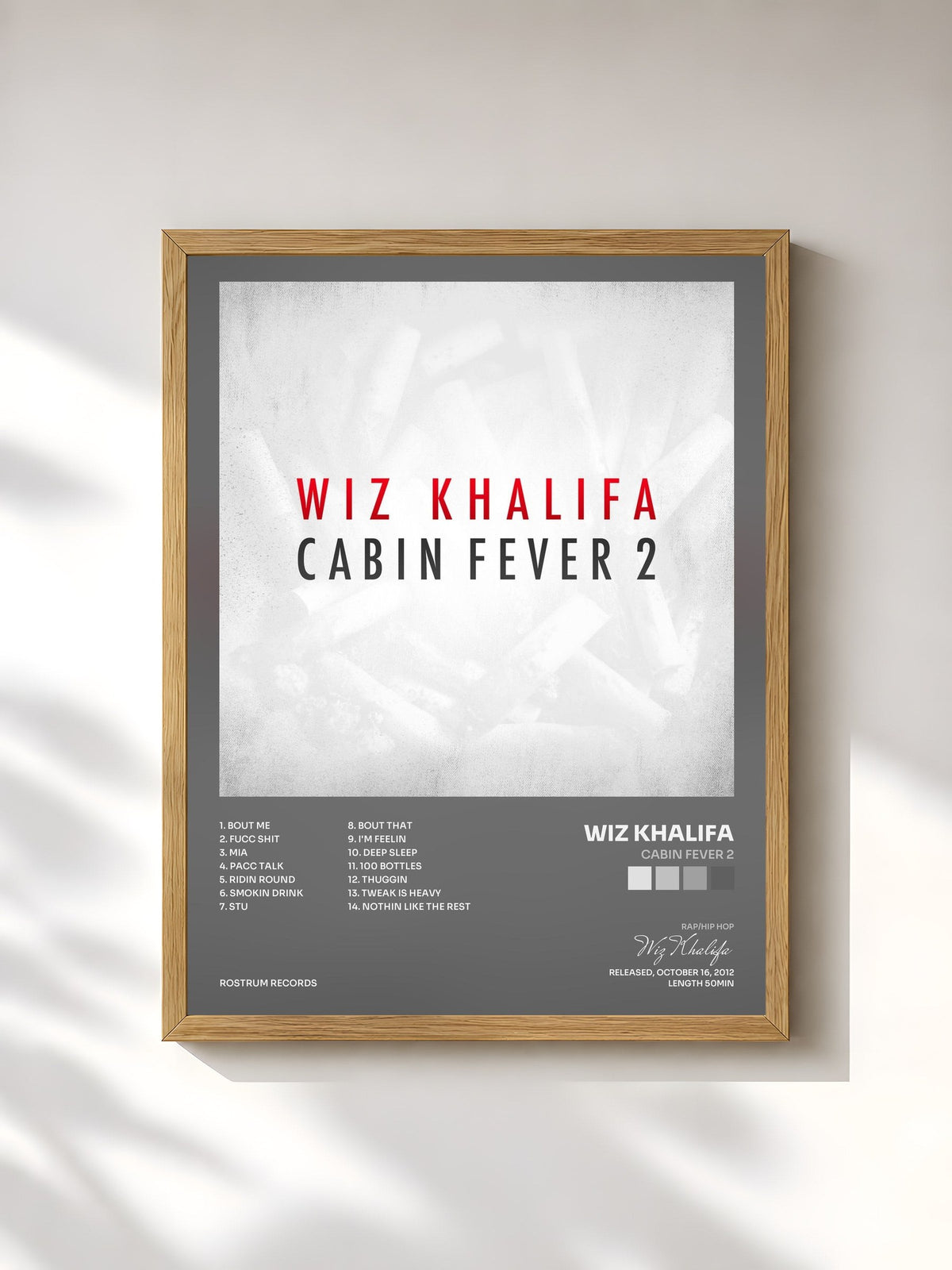 #bois Tableau de l'album Cabin Fever 2 de Wiz Khalifa, cadre en bois brut, imprimé et encadré en France