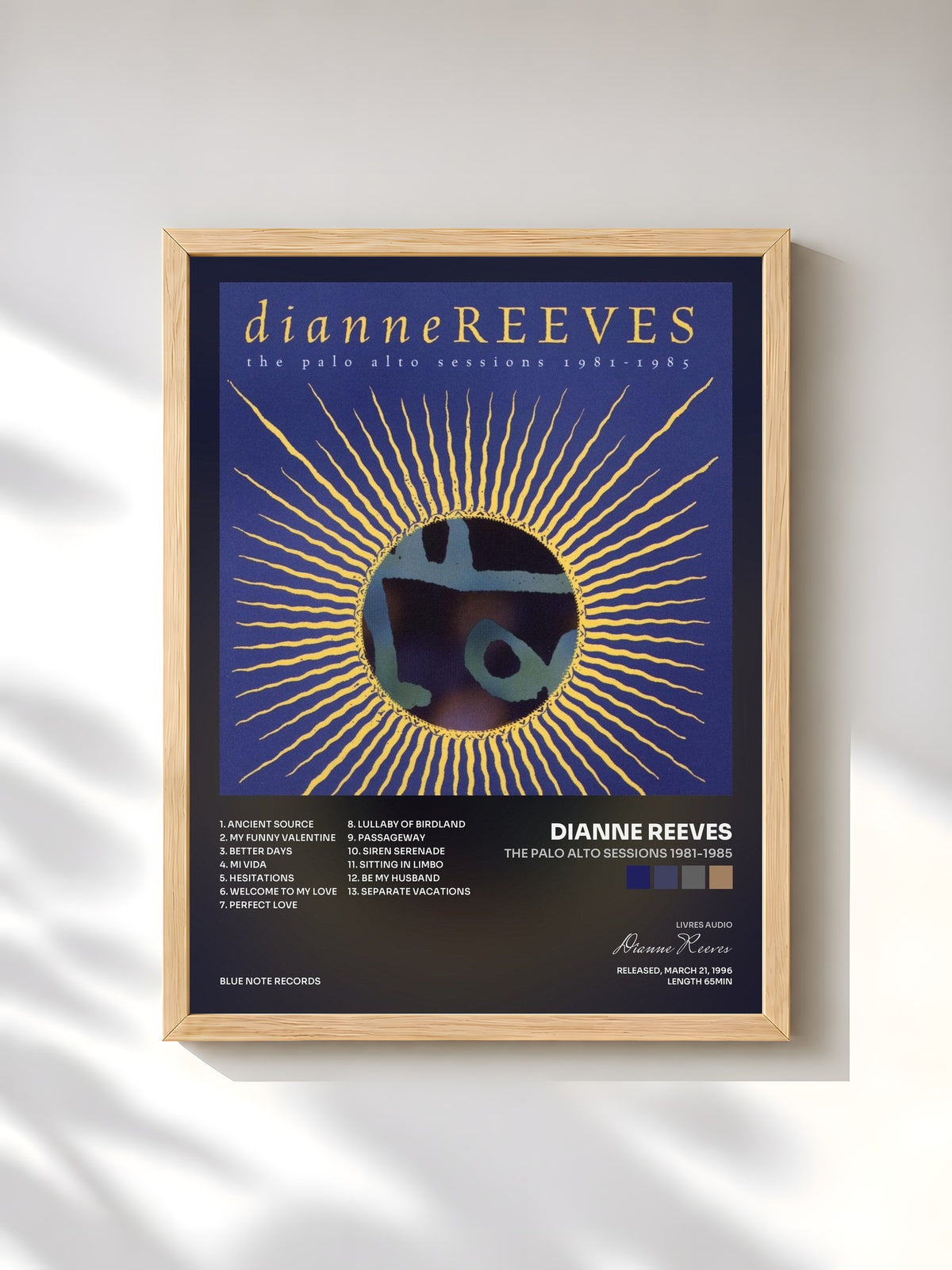 #bois Tableau de l'album The Palo Alto Sessions 1981-1985 de Dianne Reeves, cadre en bois brut, imprimé et encadré en France