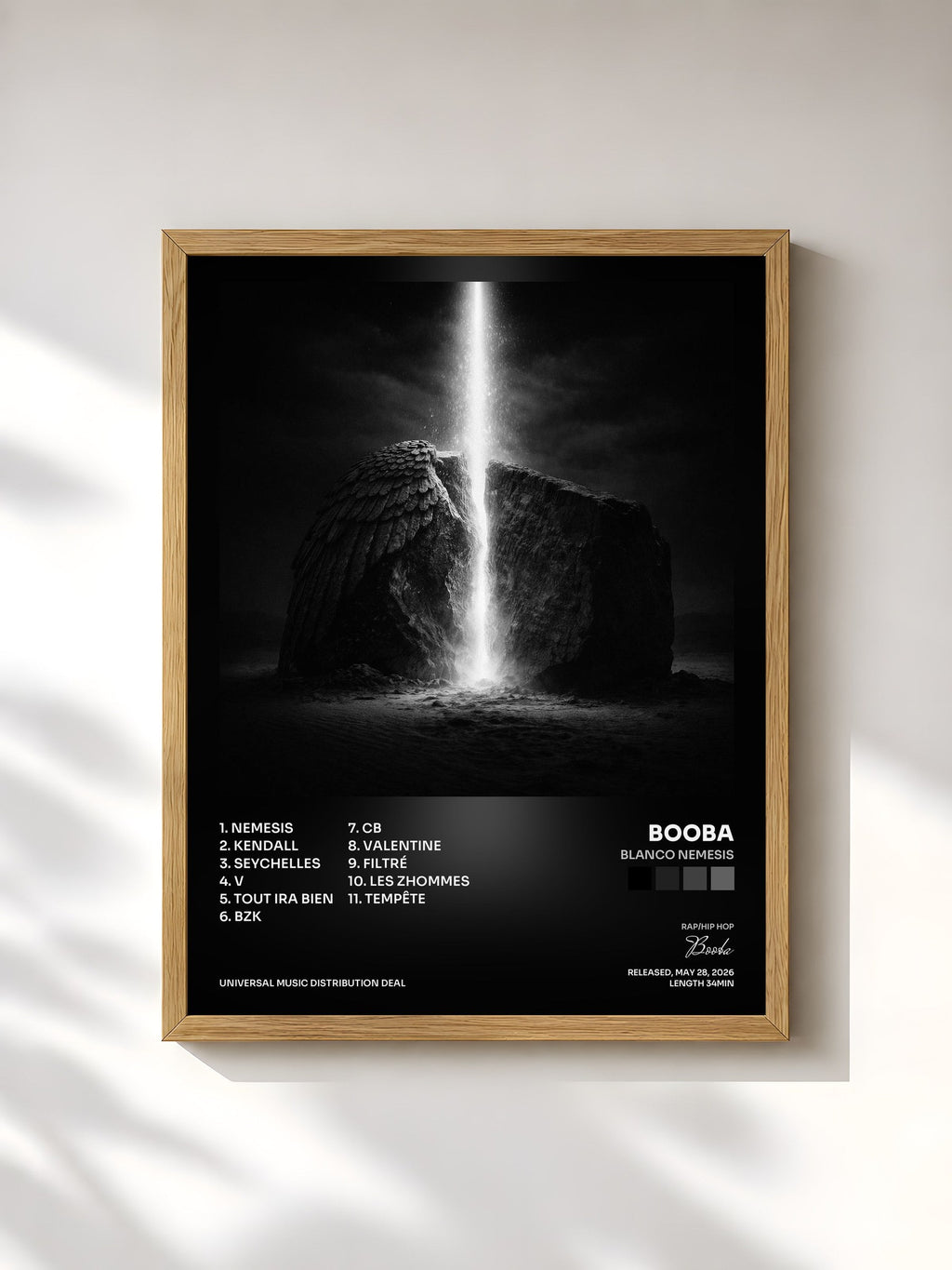 #bois Tableau de l'album Blanco nemesis de Booba, cadre en bois brut, imprimé et encadré en France