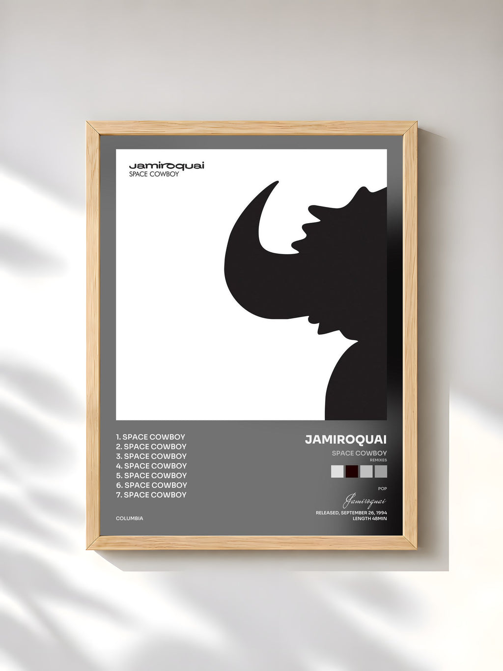 #bois Tableau de l'album Space Cowboy (Remixes) de Jamiroquai, cadre en bois brut, imprimé et encadré en France