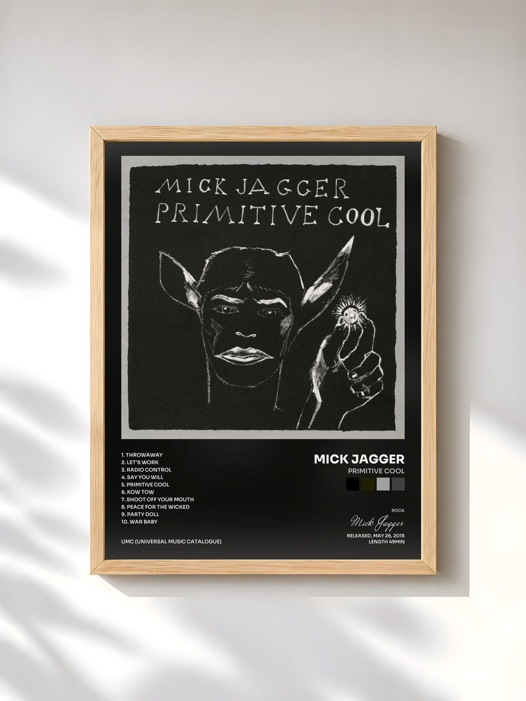 #bois Tableau de l'album Primitive Cool de Mick Jagger, cadre en bois brut, imprimé et encadré en France
