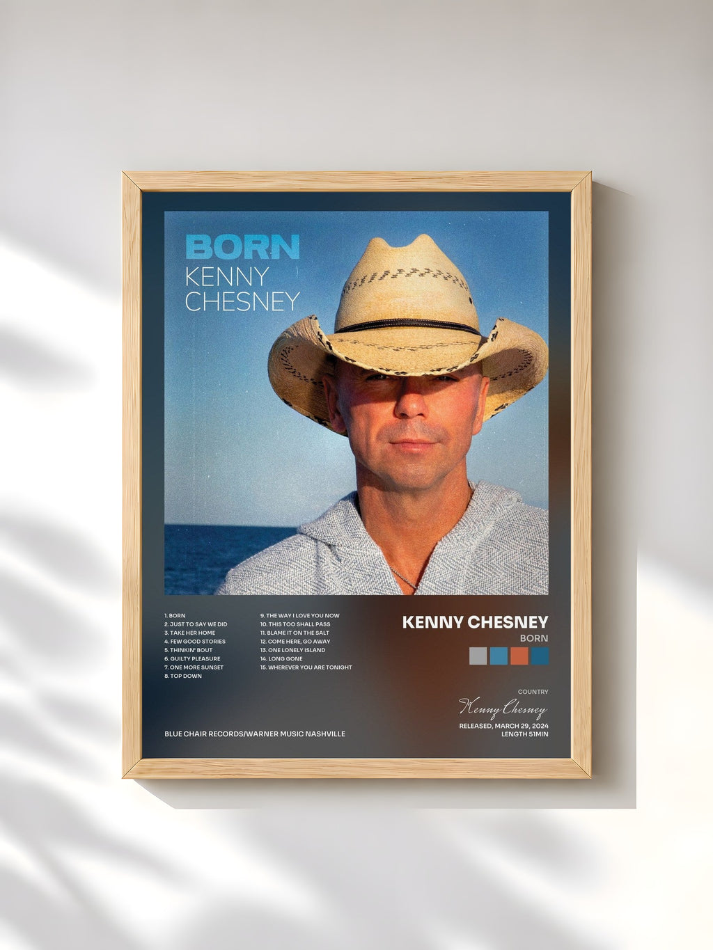 #bois Tableau de l'album Born de Kenny Chesney, cadre en bois brut, imprimé et encadré en France