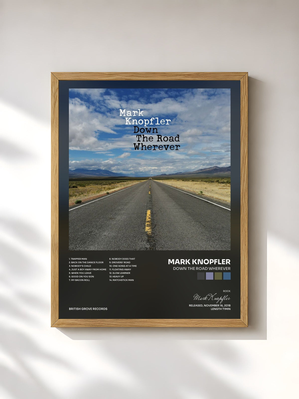 #bois Tableau de l'album Down The Road Wherever de Mark Knopfler, cadre en bois brut, imprimé et encadré en France