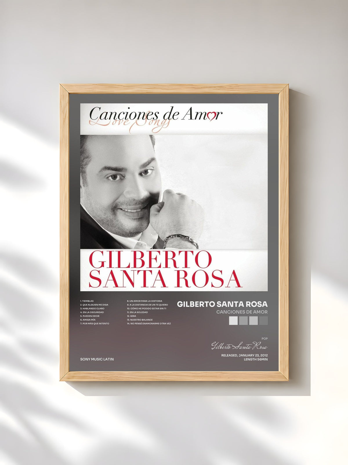 #bois Tableau de l'album Canciones De Amor de Gilberto Santa Rosa, cadre en bois brut, imprimé et encadré en France