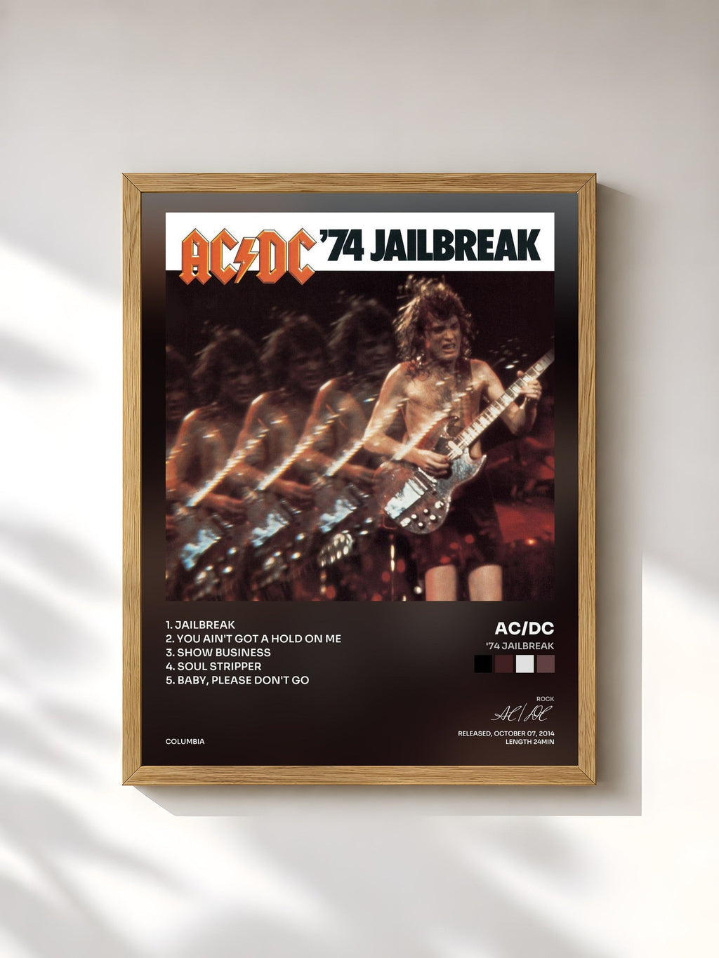 #bois Tableau de l'album '74 Jailbreak de AC/DC, cadre en bois brut, imprimé et encadré en France