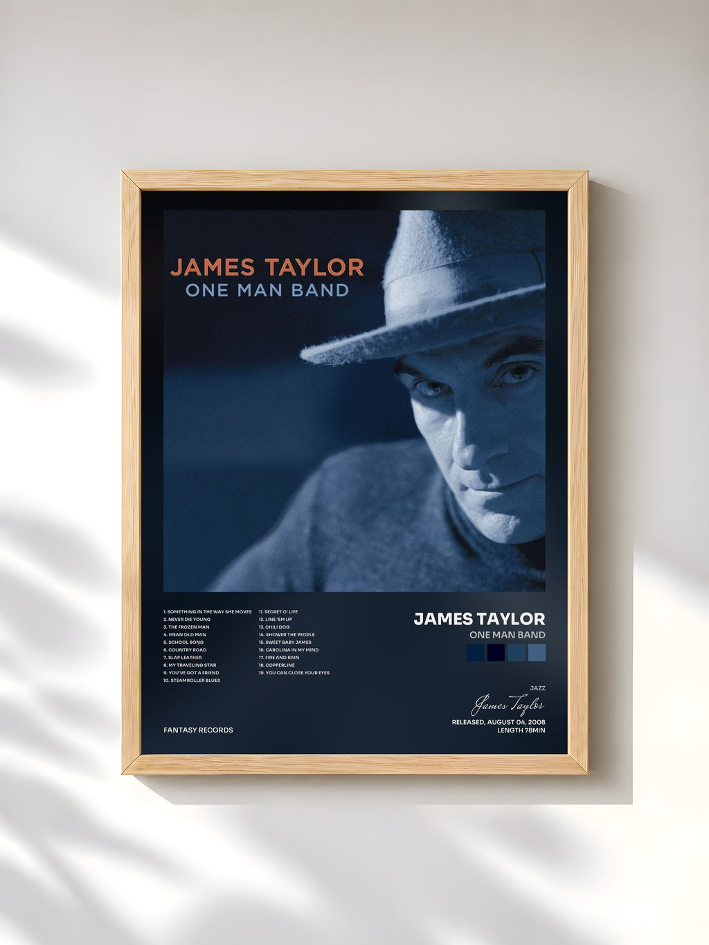#bois Tableau de l'album One Man Band de James Taylor, cadre en bois brut, imprimé et encadré en France