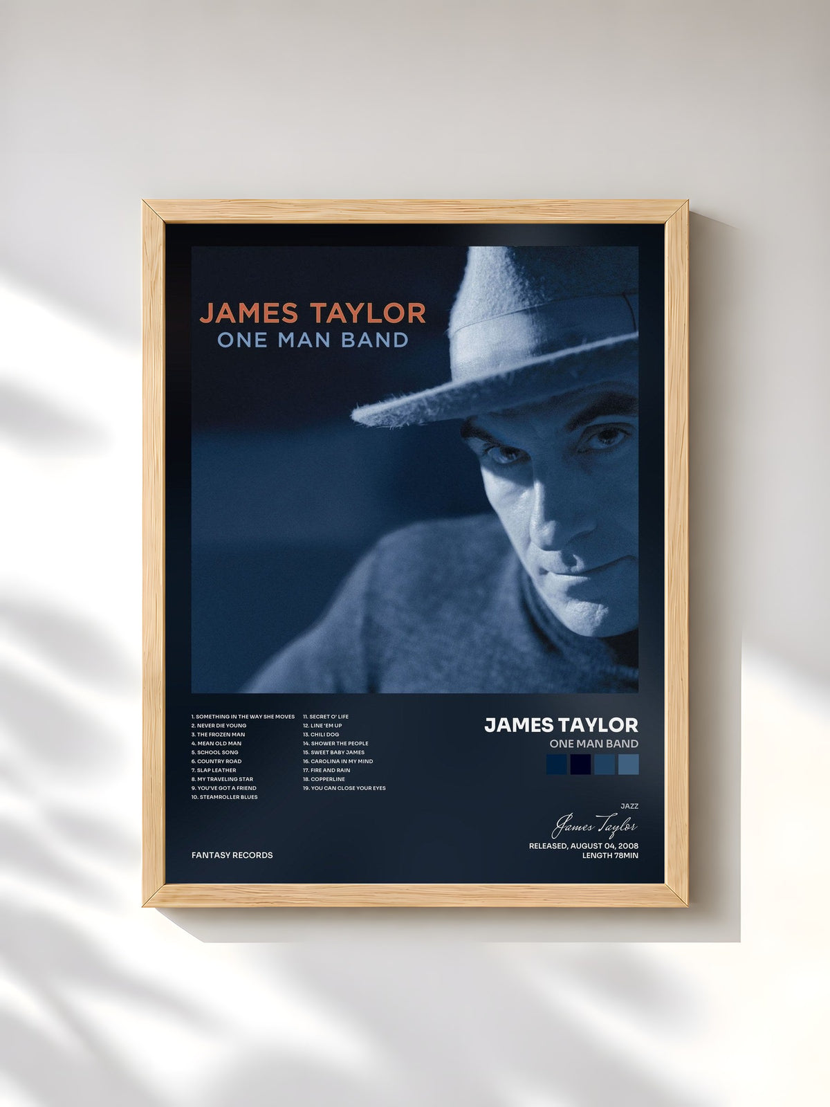 #bois Tableau de l'album One Man Band de James Taylor, cadre en bois brut, imprimé et encadré en France