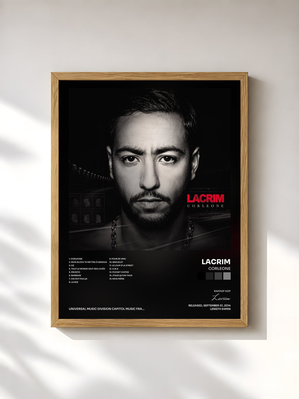 #bois Tableau de l'album Corleone de Lacrim, cadre en bois brut, imprimé et encadré en France