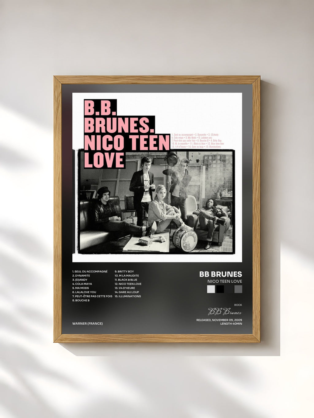 #bois Tableau de l'album Nico Teen Love de BB Brunes, cadre en bois brut, imprimé et encadré en France