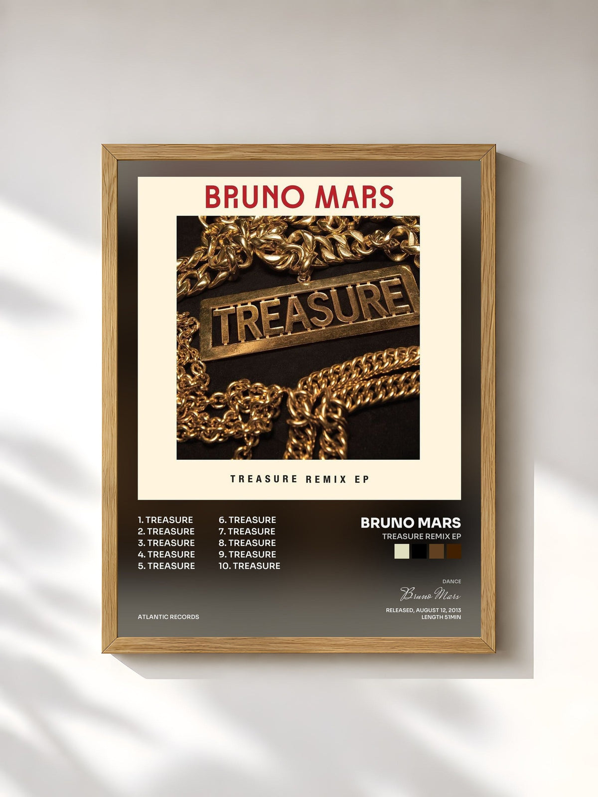 #bois Tableau de l'album Treasure Remix EP de Bruno Mars, cadre en bois brut, imprimé et encadré en France