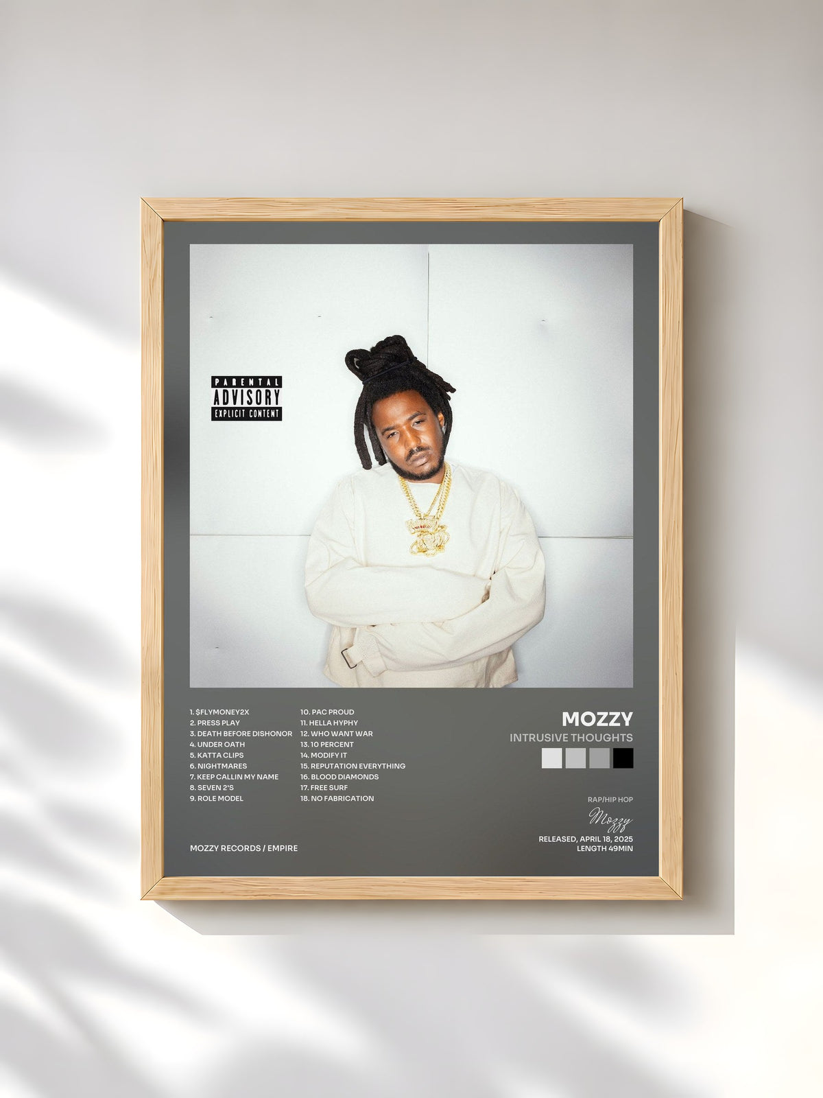#bois Tableau de l'album INTRUSIVE THOUGHTS de Mozzy, cadre en bois brut, imprimé et encadré en France
