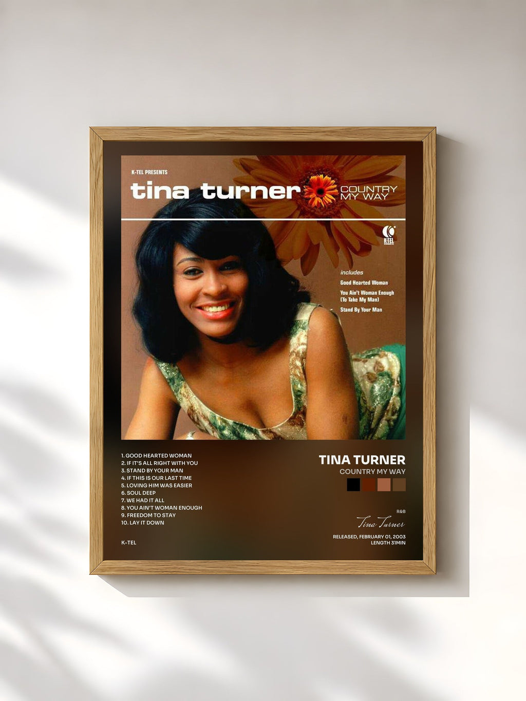 #bois Tableau de l'album Country My Way de Tina Turner, cadre en bois brut, imprimé et encadré en France