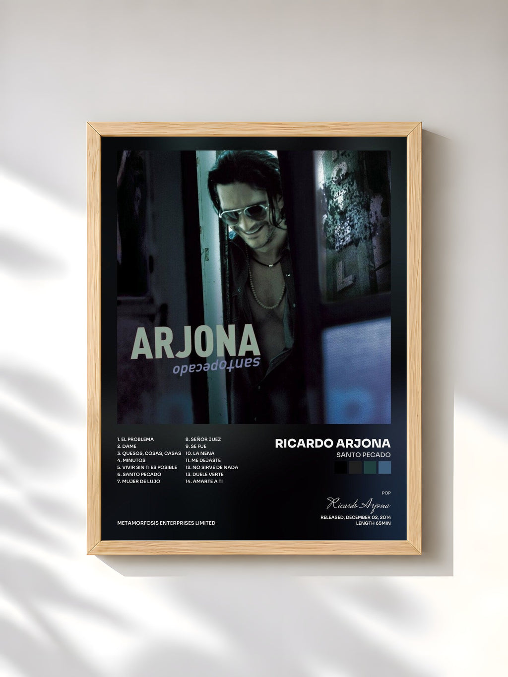 #bois Tableau de l'album Santo Pecado de Ricardo Arjona, cadre en bois brut, imprimé et encadré en France