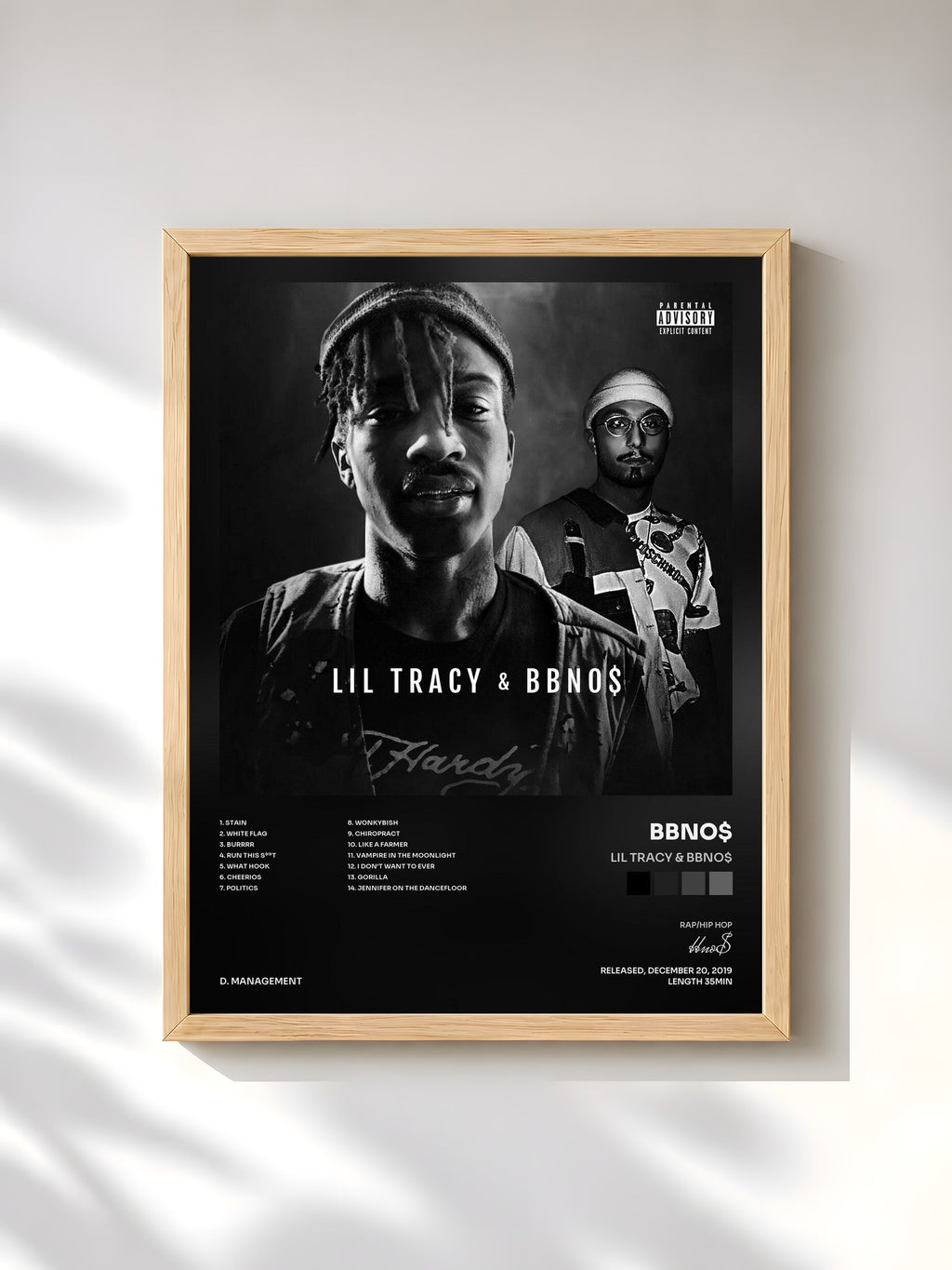 #bois Tableau de l'album Lil Tracy & BBNO$ de bbno$, cadre en bois brut, imprimé et encadré en France